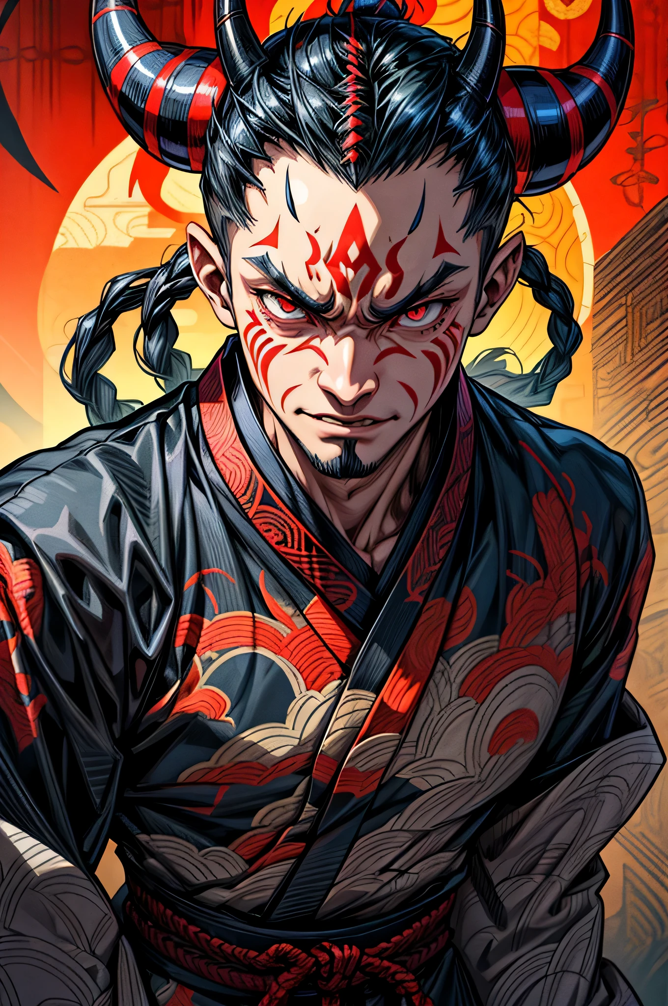 uma figura humanoide, Looking like a demon, adorned in traditional Japanese-Western fusion attire, wearing a menacing kimono with intricate patterns, chifres saindo de sua testa, his expression turned into a demonic grimace, emanando medo e pavor, Anime, digital illustration with vibrant colors and sharp lines