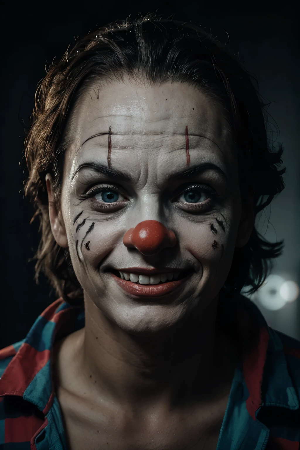 a portrait photo of a happy clown, ambient occlusion, volumetric light, hyperrealistic, scarry background, hight detail, 8k, high octane, 