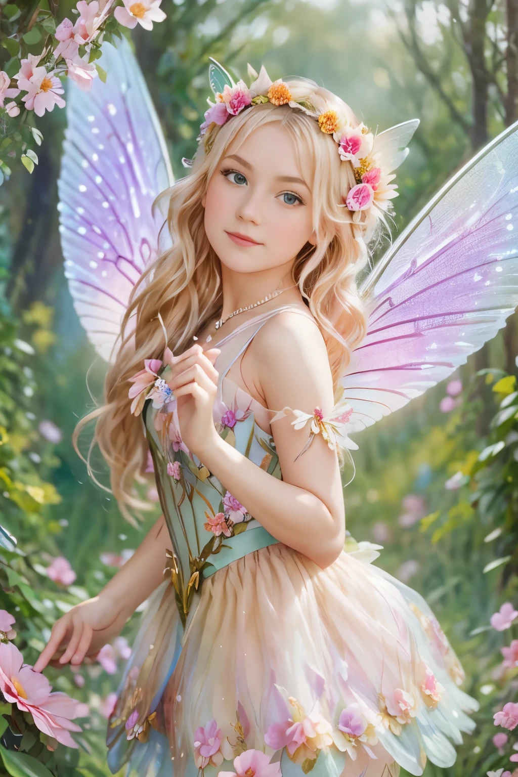 The Highest Masterpiece,classical art, Best quality, летящая по воздуху прекрасная fairy with a flower in her hand , large colorful wings behind the back , shining large wings against a background of forest and flowers, detailed image of the beautiful face of a fairy girl , beautiful face, blond, luxuriant hair , beautiful wreath of flowers on your head , rainbow shining dress ,The Flower Fairy, fairy with a flower in her hand ,photo-portrait of a fairy girl flying through the air like a strikoza, highest quality !