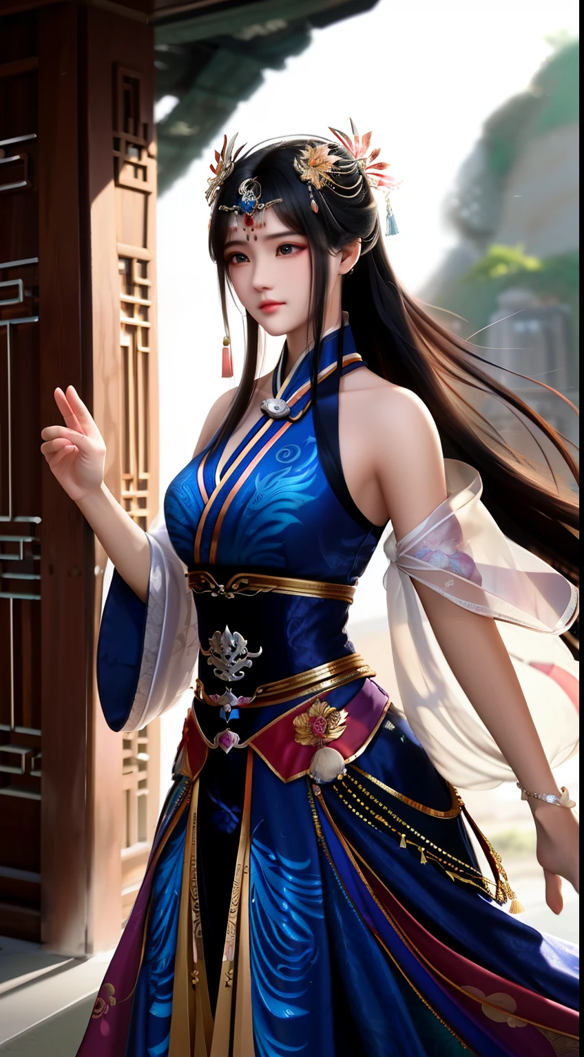 In the heart of ancient China, a solitary Wuxia warrior clad in a breathtakingly beautiful dress adorned with vibrant phoenix patterns graces the scene. Her super gorgeous face, flawless and radiant, boasts a regal elegance with high cheekbones, a defined jawline, and almond-shaped eyes that sparkle with an intense gaze. Her long, super gorgeous hair, cascading down her back in soft waves, shimmers in the sunlight like strands of silk.

As she prepares for an exhilarating kung-fu fight, her attire billows around her, revealing a slender, athletic build. Her dress, with its