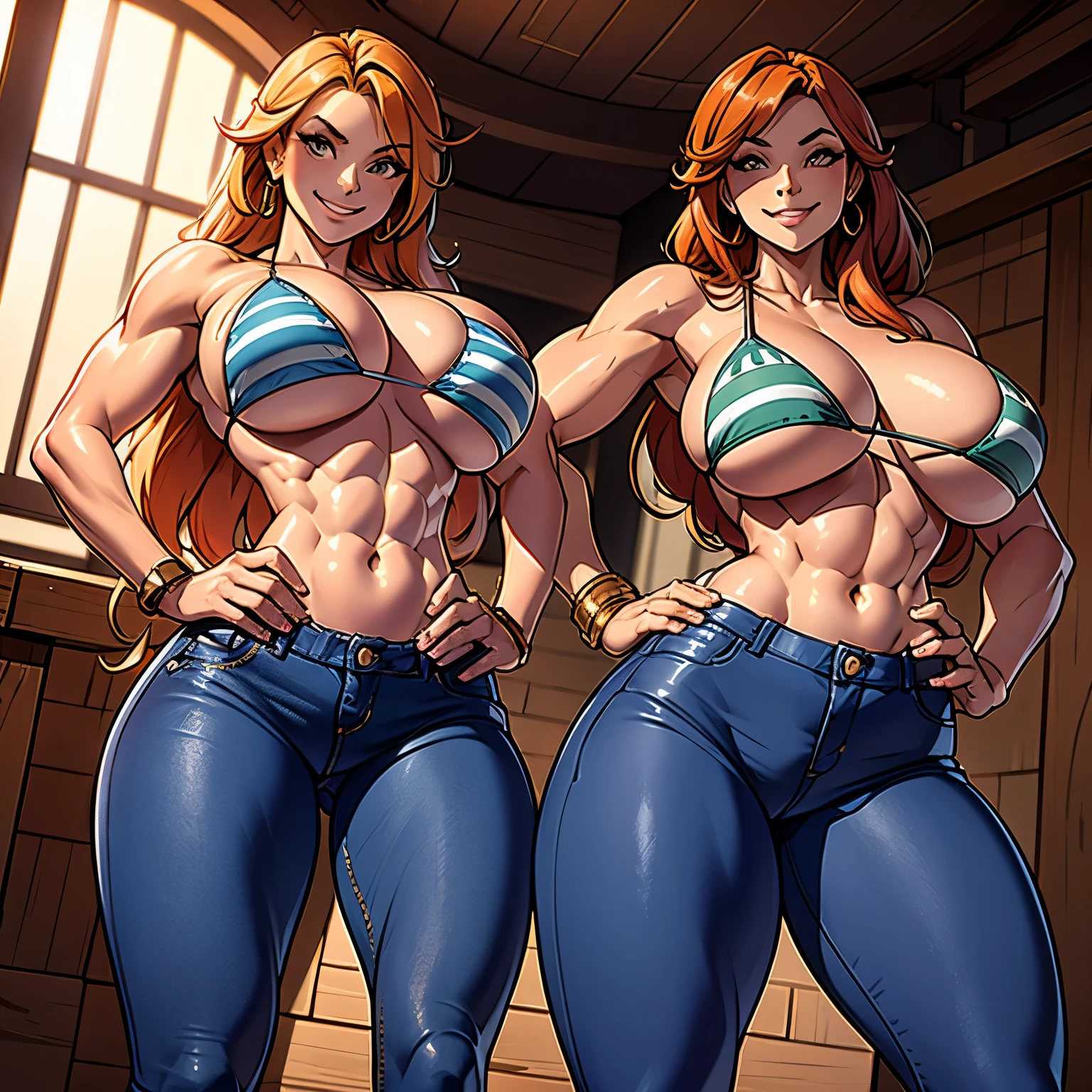 Huge breasts, abs, tight bikini top, tight jeans, thick thighs, smiling, looking down, hands on hips