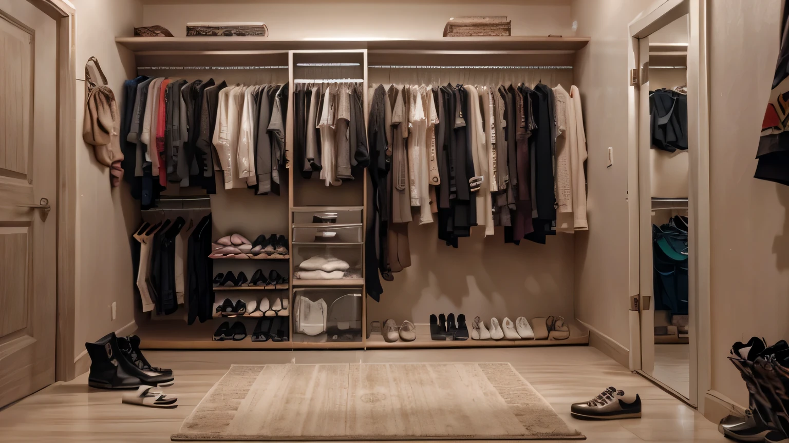 imagine a hyper-realistic 2k image of a woman's wardrobe with many feminine clothes and shoes. in a poorly furnished room. in an african mega city. 