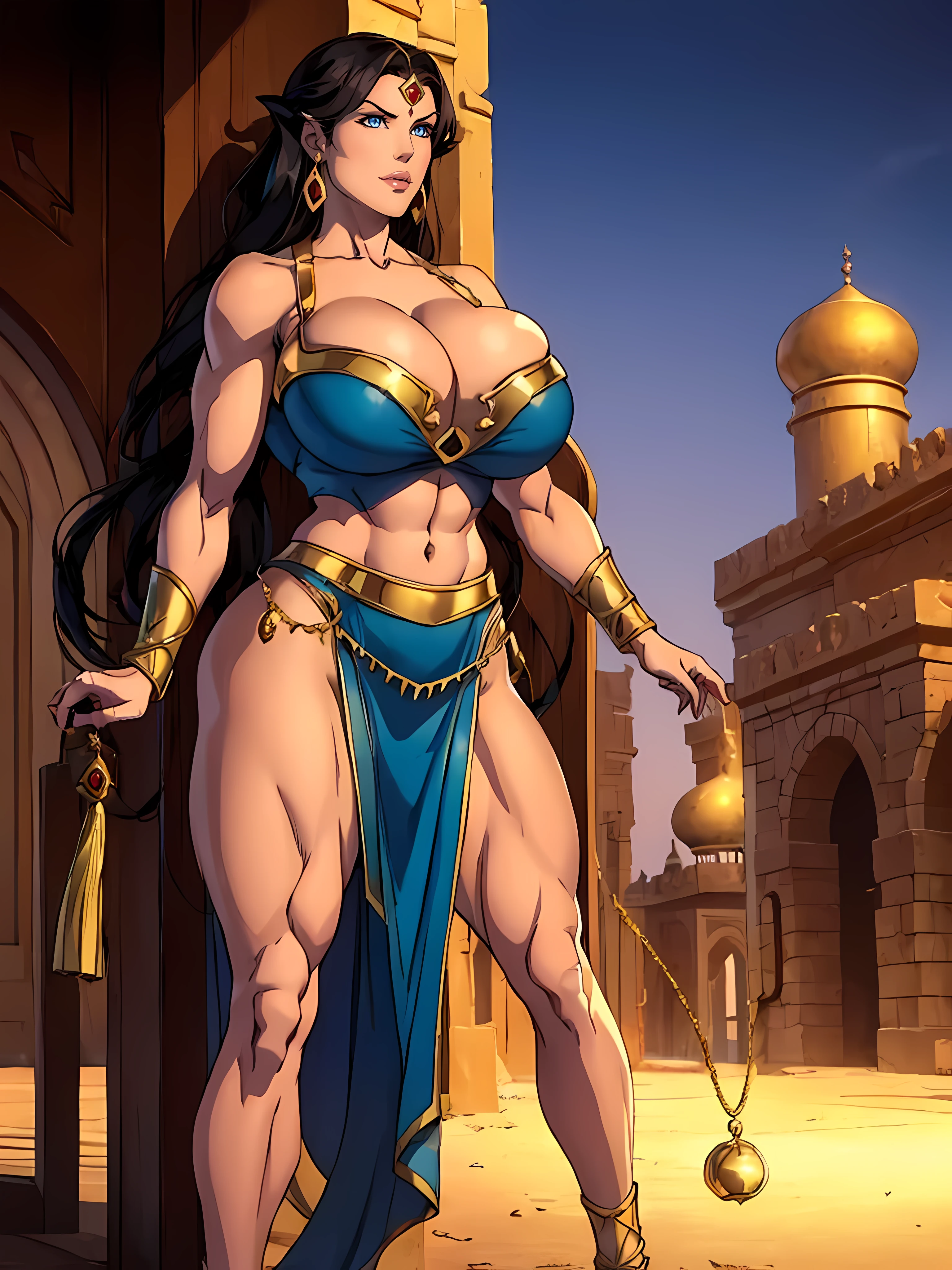 (((((Massive Female Bodybuilder))))), , ,
(((((Muscular Quadriceps))))), , ,
1, , ((NSFW)), (masterpiece, top quality, best quality), (1girl:1.3), long wavy black hair, topknot, dark red skin, extremely detailed, portrait, looking at viewer, solo, (full body:0.6), detailed background, close up, mischievous eyes, (hot summer desert Arabia theme:1.1), Persian (((((djinn))))) woman, dark makeup, charlatan, smirk, mysterious, walking in desert, revealing black and gold Arabian attire, open vest, long wispy tail, genie lamp, jewelry, armlets, elaborate necklaces, blue fabric, gold jewelry, precious stones, magic lamp, ((((gigantic breasts, cleavage, skindentation)))), large hips, slim waist, long muscular legs, ancient (Arabian palace exterior:1.1) background, dark mysterious lighting, shadows, magical atmosphere, dutch angle,