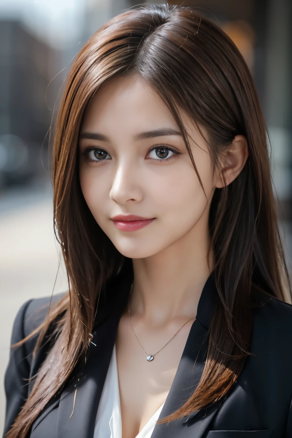 table top, highest quality, realistic, Super detailed, finely, High resolution, 8k wallpaper, 1 beautiful woman,, light brown messy hair, wearing a business suit, sharp focus, perfect dynamic composition, beautiful and detailed eyes, thin hair, Detailed realistic skin texture, smile, close-up portrait, model body shape
