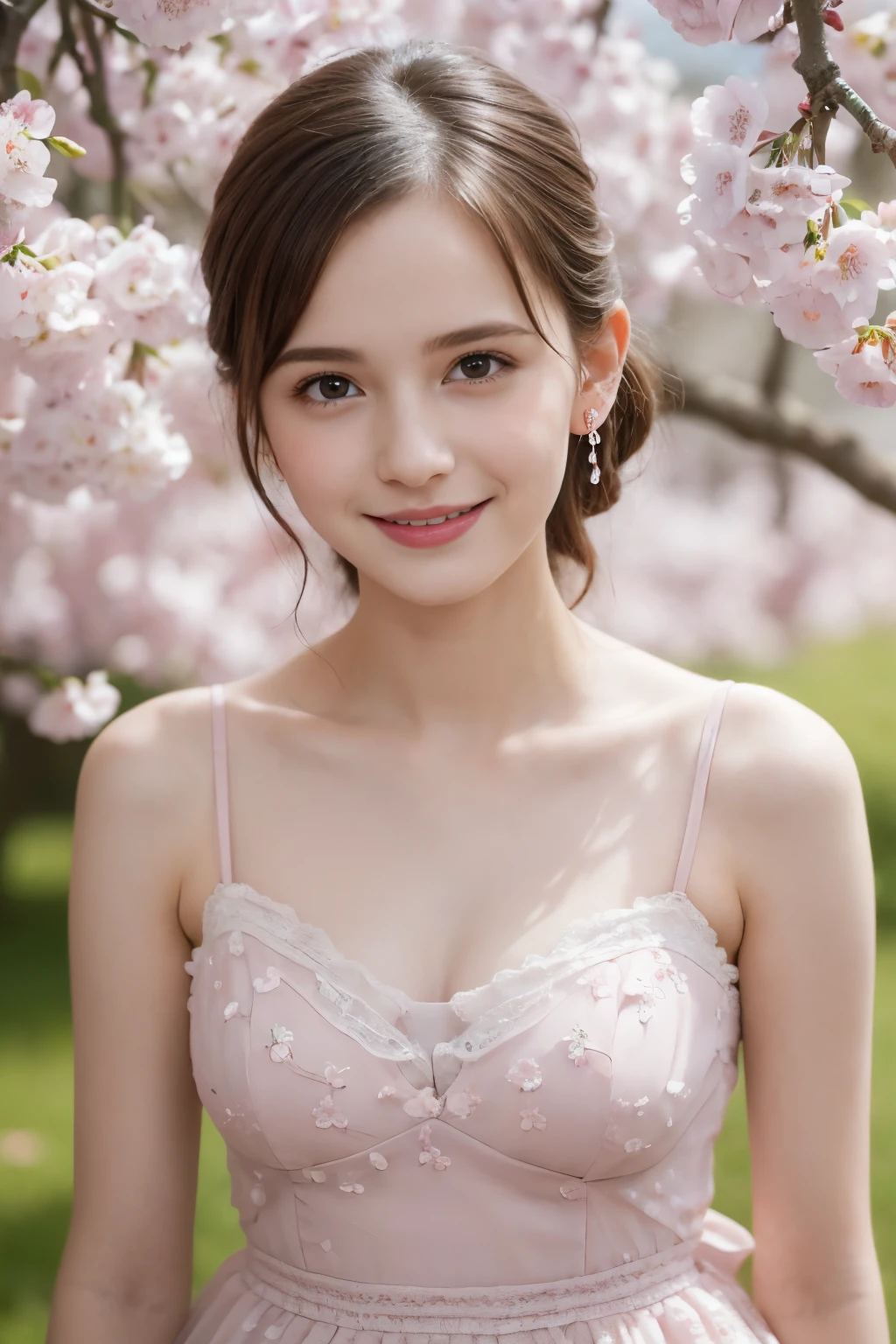 Masterpiece, Best quality, 8k, 18 ans, Photo brute, absurdes, Award-winning portrait, sourire, sourire, pure, french, elegant vibrant pink dress, spring, orchard in bloom, laces, famous singer, cute, sweet, cherry lips, earrings, evening dress, earrings