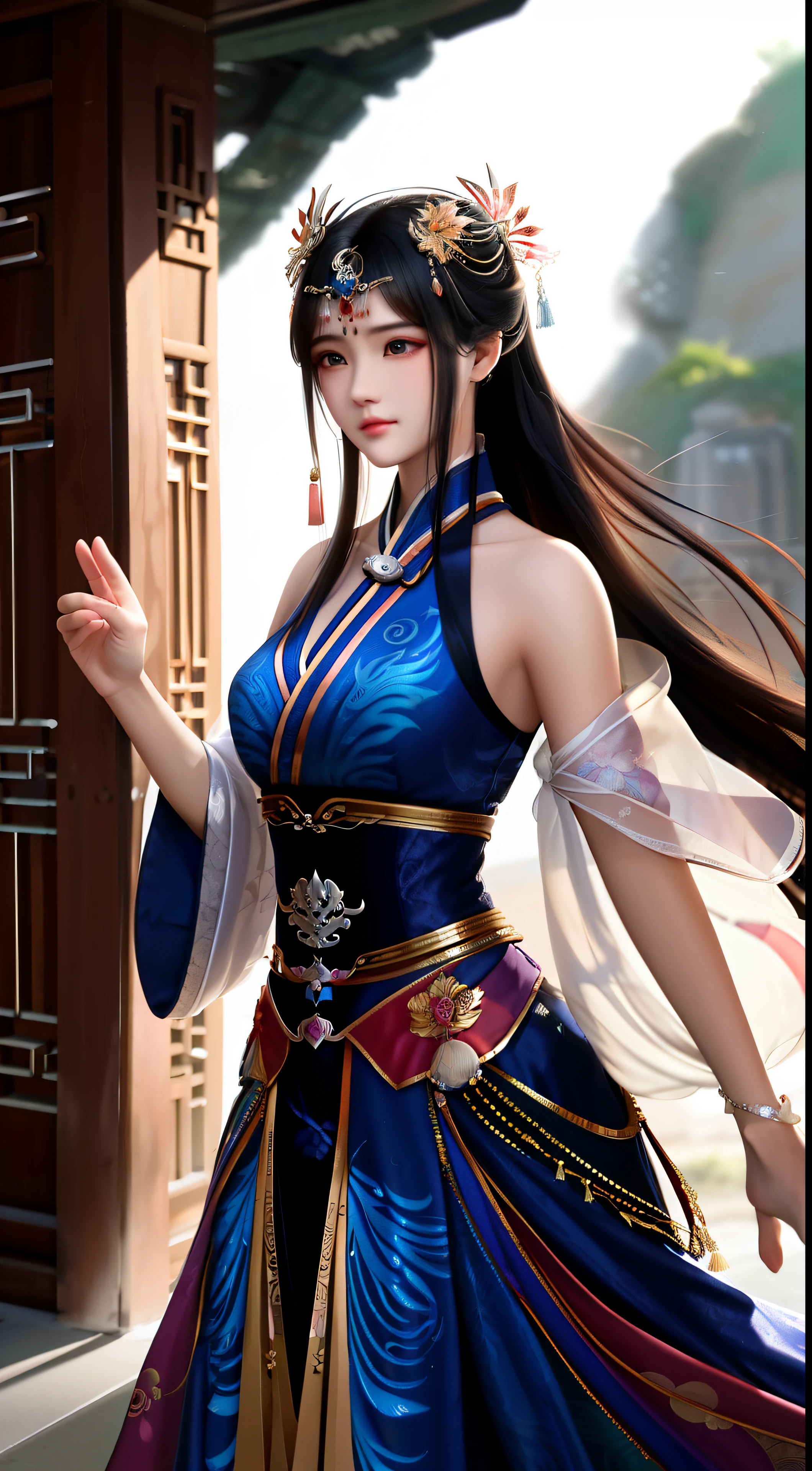 In the heart of ancient China, a solitary Wuxia warrior clad in a breathtakingly beautiful dress adorned with vibrant phoenix patterns graces the scene. Her super gorgeous face, flawless and radiant, boasts a regal elegance with high cheekbones, a defined jawline, and almond-shaped eyes that sparkle with an intense gaze. Her long, super gorgeous hair, cascading down her back in soft waves, shimmers in the sunlight like strands of silk.

As she prepares for an exhilarating kung-fu fight, her attire billows around her, revealing a slender, athletic build. Her dress, with its