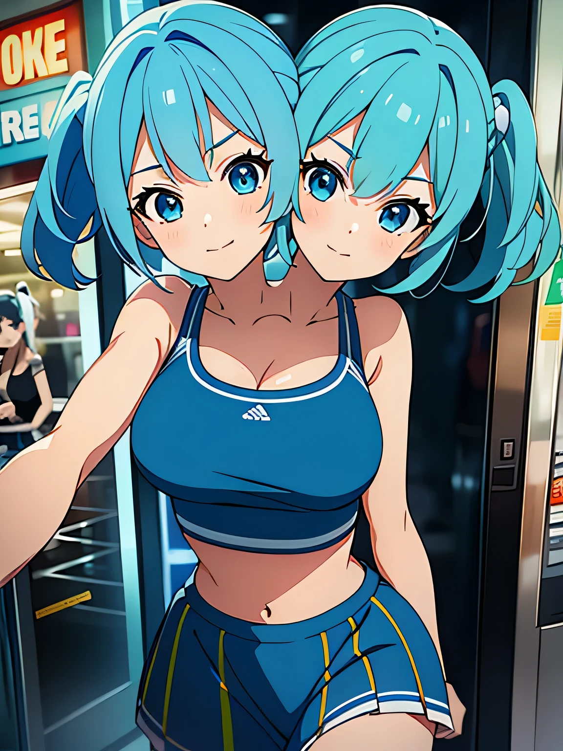 (masterpiece),(ultra-detailed), (high quality), (high resolution), (best quality:1.5, highres, UHD), highres, absurdo, ultra detail, ultra quality, Ultra resolution, 16k, ((2heads:1.5)), 1girl, anime girl with two heads, light blue hair, twin tails, blue tank top, casual wear, city background, smiling, exposed midriff, shopping mall, teenage girl, vibrant lighting, blue skirt, sports bra