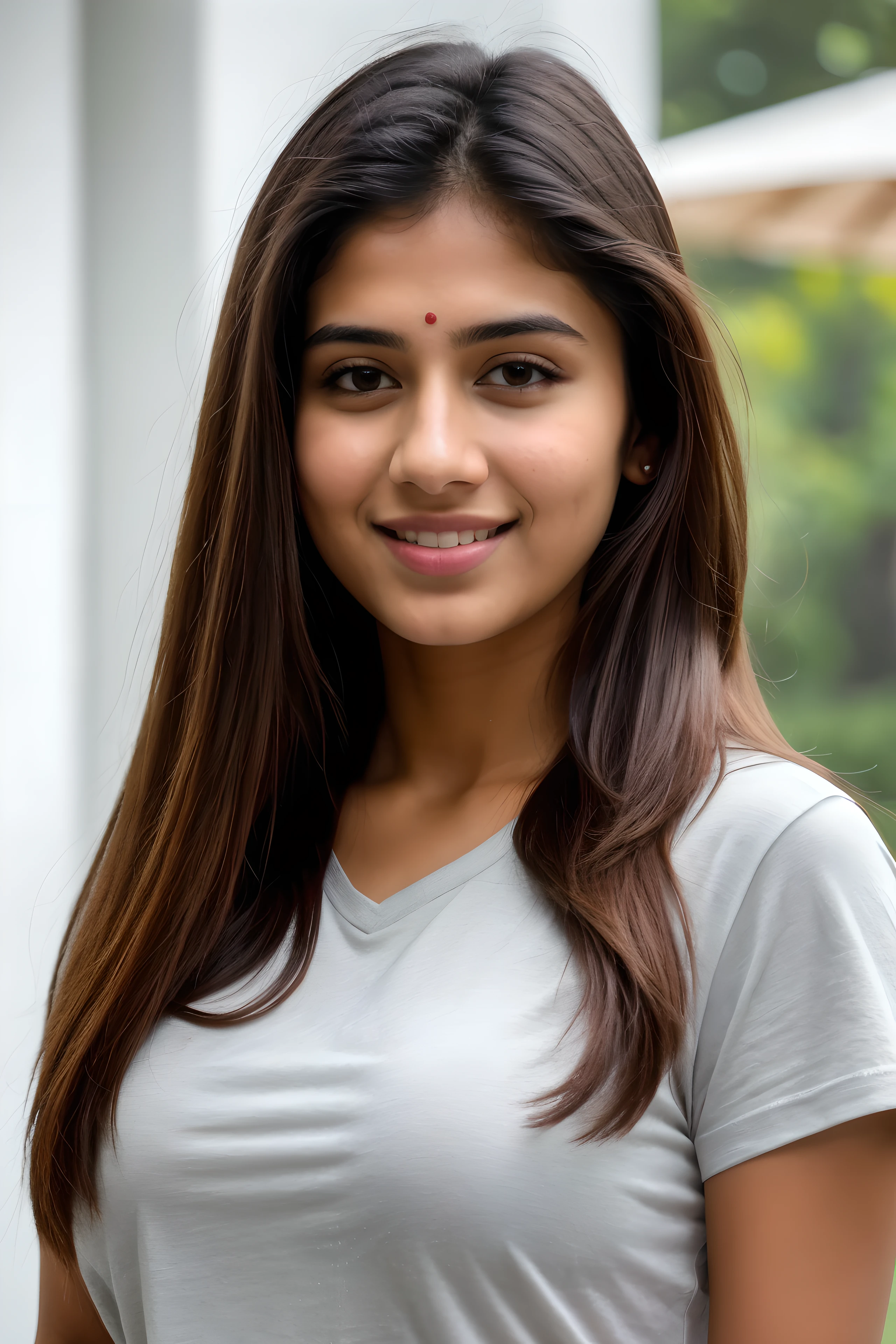 (best quality, 4k, 8k, highres, masterpiece:1.2), ultra-detailed, (realistic, photorealistic, photo-realistic:1.37)
20 year old Indian women, glowing fair skin, wearing t shirt and jeans, straight hair, grey eyes, pink juicy lips, brown hair, extra long hair, smiling, attractive big breast, looking at camera