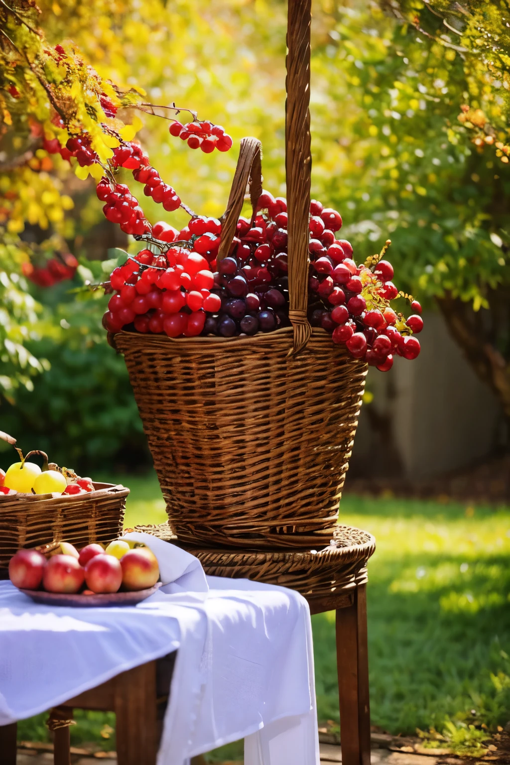 Autumn still life - table on the street (in the garden), on the table there is a beautiful wicker basket with one handle , red apples in a basket, large white and purple grapes hanging from a basket, all the fruits in a wicker basket and on the table ! Autumn leaves yellow and red large maple .around the basket , next to it is a tall beautiful jug of wine and glasses of red wine , Top quality photo !    ( And where are the hanging grapes? ? where are the yellow leaves on it? ?)