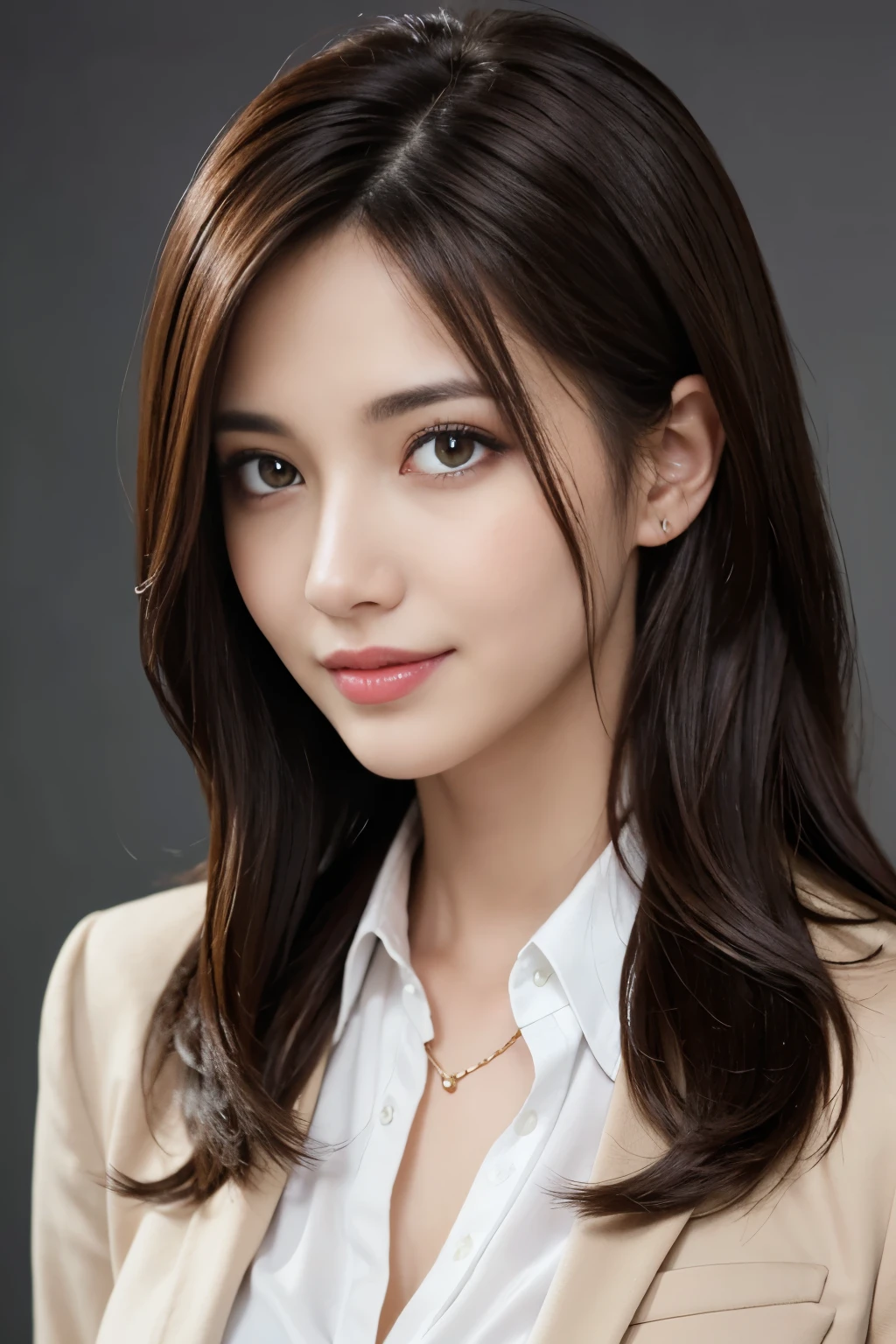 table top, highest quality, realistic, Super detailed, finely, High resolution, 8k wallpaper, 1 beautiful woman,, light brown messy hair, wearing a business suit, sharp focus, perfect dynamic composition, beautiful and detailed eyes, thin hair, Detailed realistic skin texture, smile, close-up portrait, model body shape
