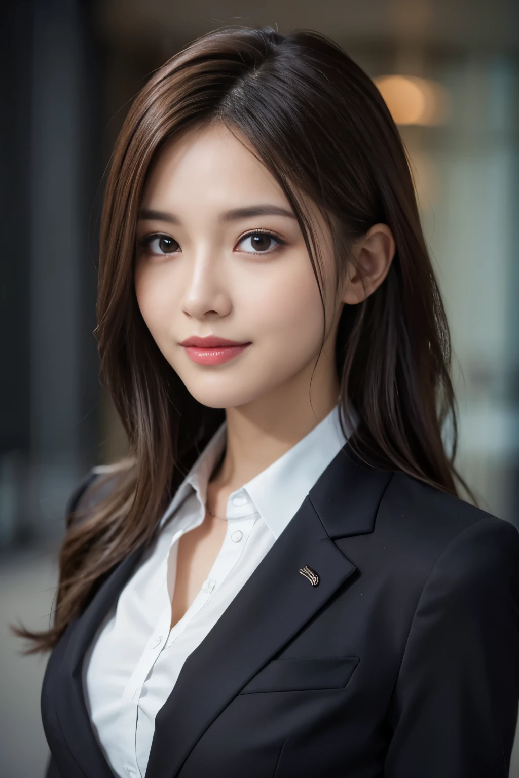 table top, highest quality, realistic, Super detailed, finely, High resolution, 8k wallpaper, 1 beautiful woman,, light brown messy hair, wearing a business suit, sharp focus, perfect dynamic composition, beautiful and detailed eyes, thin hair, Detailed realistic skin texture, smile, close-up portrait, model body shape