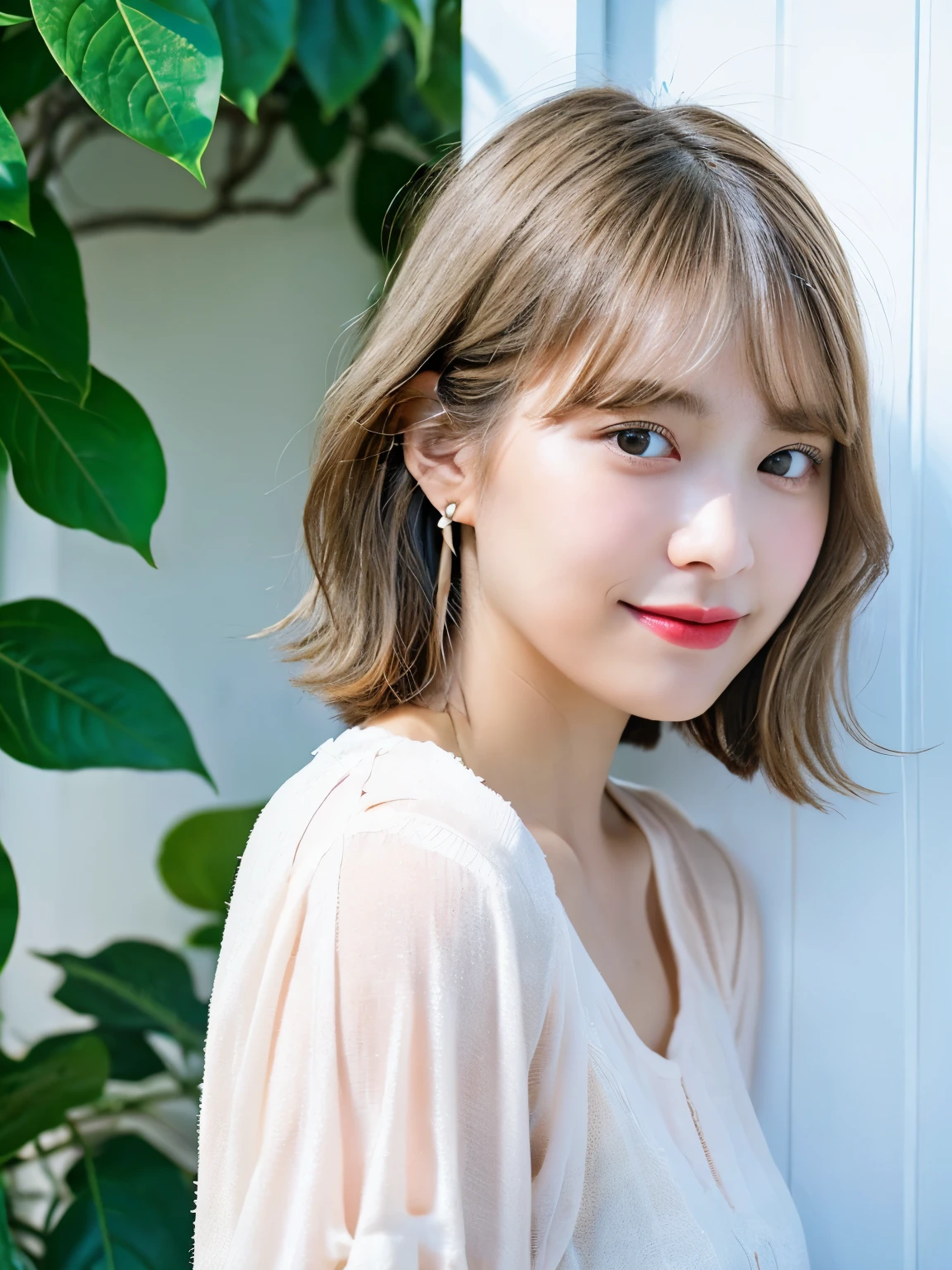 white wall、Taken in front of the white door、(窓のあるwhite wallの部屋)、(8k、RAW photo、highest quality、masterpiece:1.2)、High-definition RAW color photo、professional photos、(realistic、フォトrealistic:1.37)、Photographed in natural light、1 girl、laughter、Various poses、spring clothes、 necklace、(Beautiful profile:1.3)、don't look at the camera、profile、shortcut、((greige hair color))、short hair、Photographed in natural light、earrings、pastel colored blouse、normal human face、Normal eyes、dark brown eyes