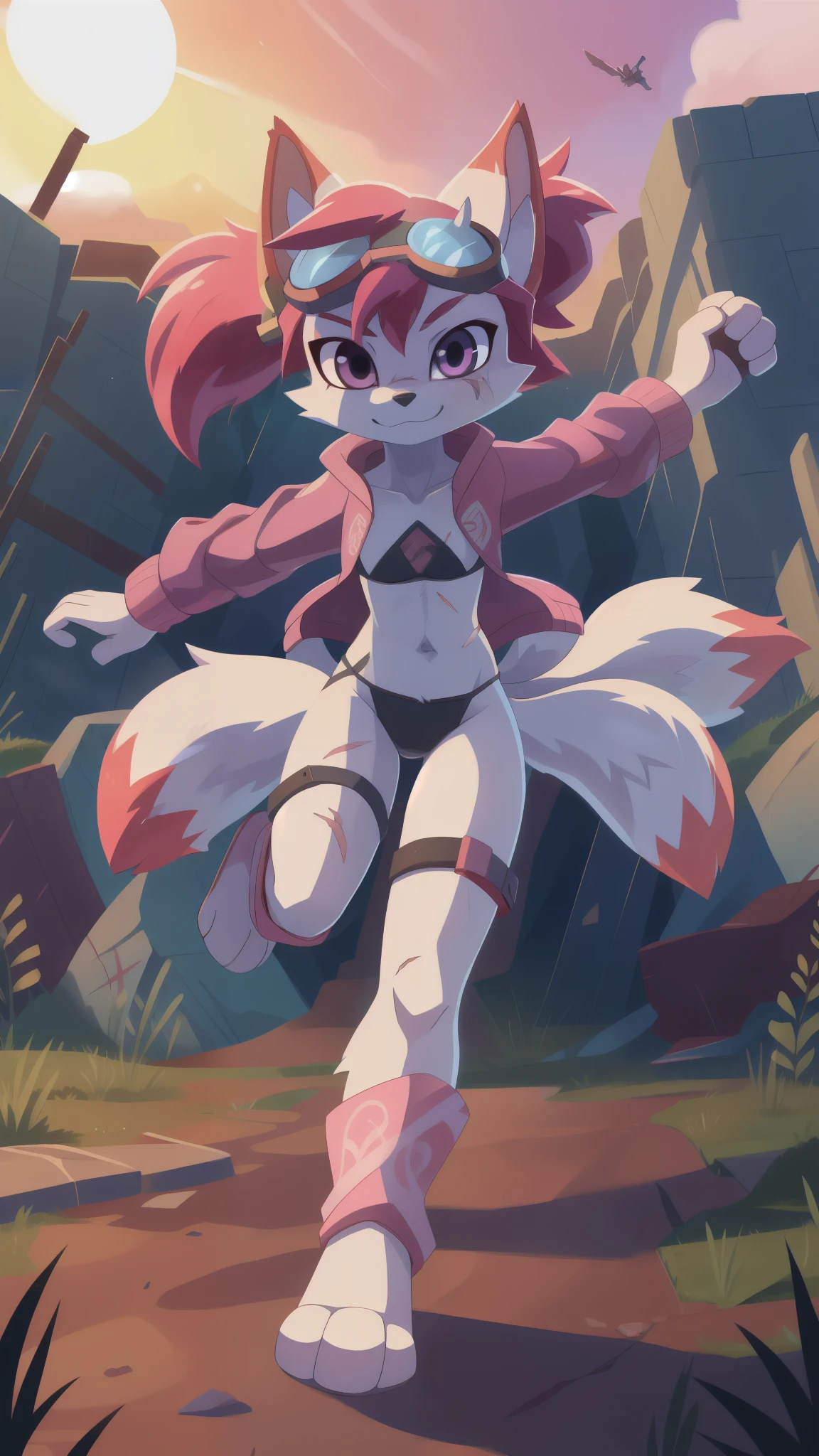 Kimiko Five-Tails, furry female anthro, fox girl, white body fur, pink hair, ((goggles, pink jacket, open clothes, black bikini)), small breasts, detailed body fur, detailed body, detailed face, detailed eyes, glistering body, shiny body, skinny, :3, multiple tails, multi tail, solo, body fur, (best quality), clear sky, cinematic lighting, looking at viewer, anime style, short ponytail, scar on the eye, 2D, full body, feets with three toes, frontal, action pose, fight, on a destroyed battlefield in the middle of nowhere, in a dirt crater, hands glowing with blue aura,