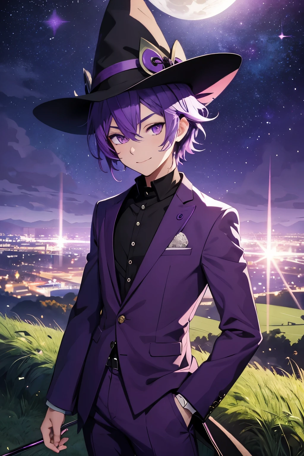 Anime Boy, purple hair, purple eyes, purple witch hat, Purple clothes, purple pants, black shoes, night grassy hills background, happy expression, moon, stars, bright, cinematic lighting, close-up portrait, standing position