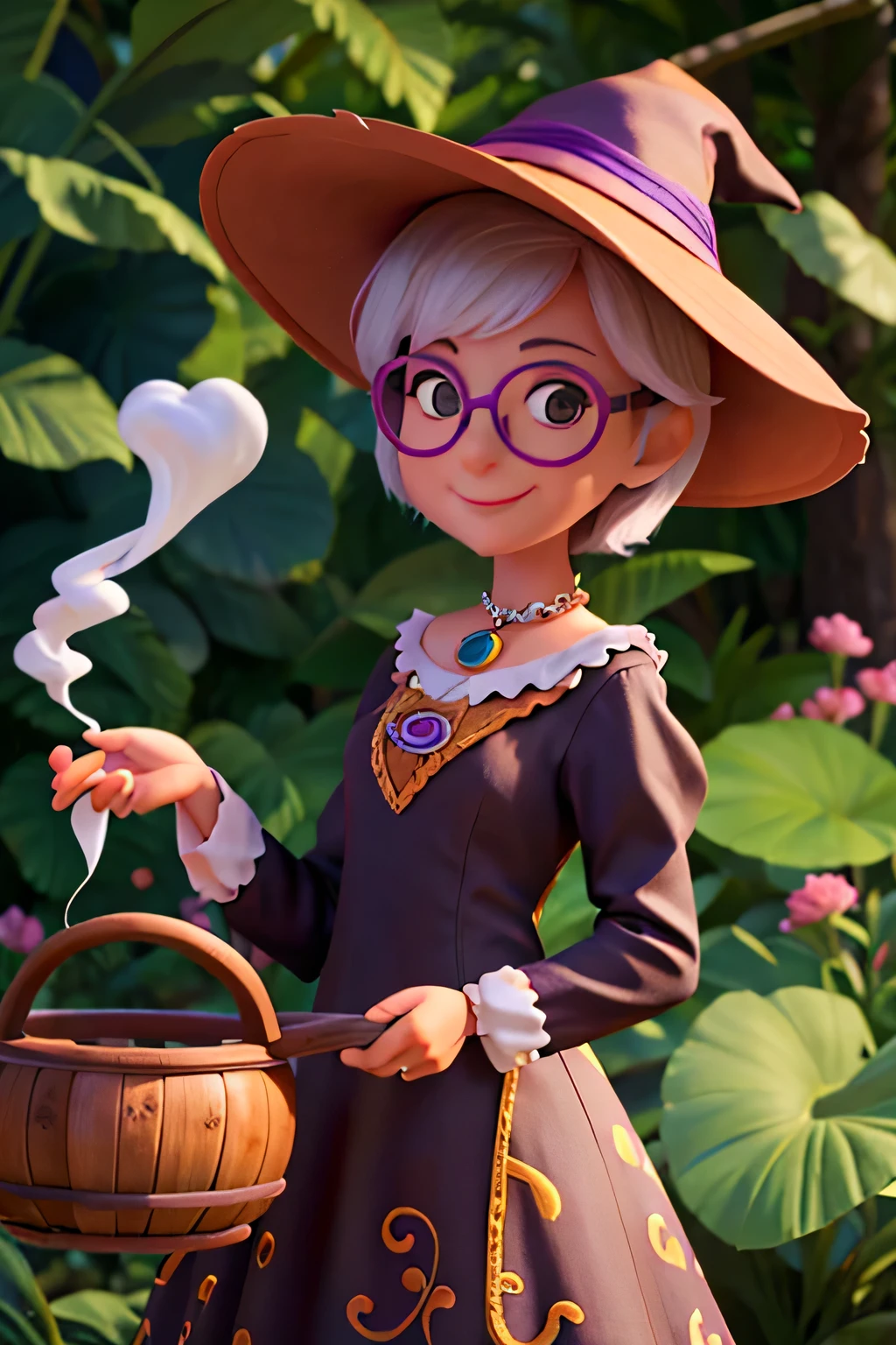 uma mulher de 60 anos com cabelos azuis, cabelos longos, Kitten Glasses, and a smiling expression, non-sensual, usando um vestido colorido e uma bruxa marrom&#39;hat. Ela deveria estar na frente de uma bruxa&#39;cauldron from which colored smoke comes out.. Ao fundo uma floresta com pequeninas fadas voando