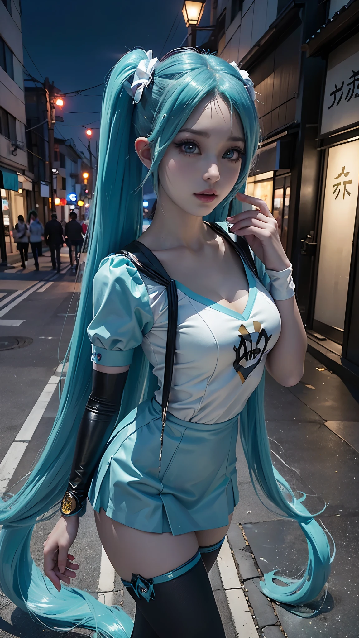 (La mejor calidad,A high resolution,Ultra - detallado,actual),Ariana Grande, chica anime cosplay, anime cosplay, (Hatsune MikuCosplay:1.4) , foto de cosplay, dos colas blancas_guantes, cosplay, lindo anime waifu con un bonito vestido, chica anime con pelo largo, Diosa del anime, cosplay elegante y glamoroso, chica anime disfrazada de sirvientaMore detailed 8K.motor irreal:1.4,UHD,La mejor calidad:1.4, fotorrealista:1.4, textura de la piel:1.4, obra maestra:1.8,obra-prima, mejor calidad,objeto Objeto], (detailed face features:1.3),(Las proporciones correctas),(Ojos hermosos azules),  (pose vaquero), ,( ciberpunk 2.1), (background alley city tokyo night :1.4),( dedos detailed:1.4),( perfect anatomy), (vestuario kawaii :1.4) 