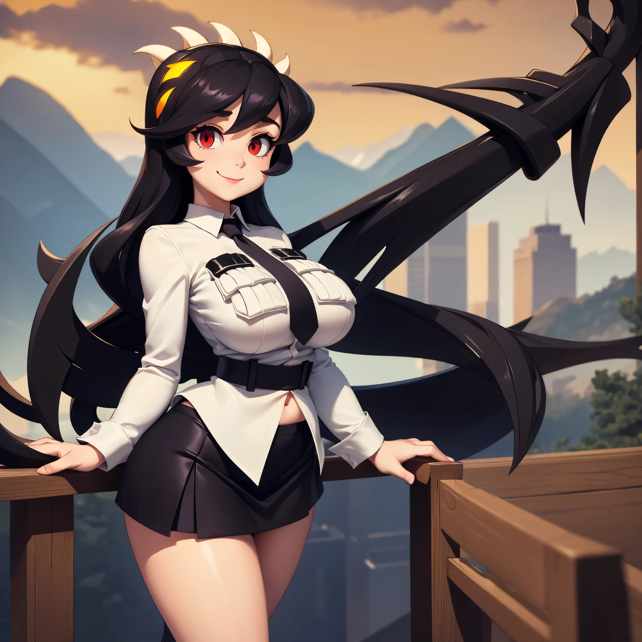 Filia, cute smile, big breast, huge tits, wide hips, tummy, long hair, long legs, anatomically correct body, detailed image, detailed body, detailed clothes, masterpiece, work of art, scenic view, erotic pose, colorful image, white shirt, little black tie, black skirt, black socks,