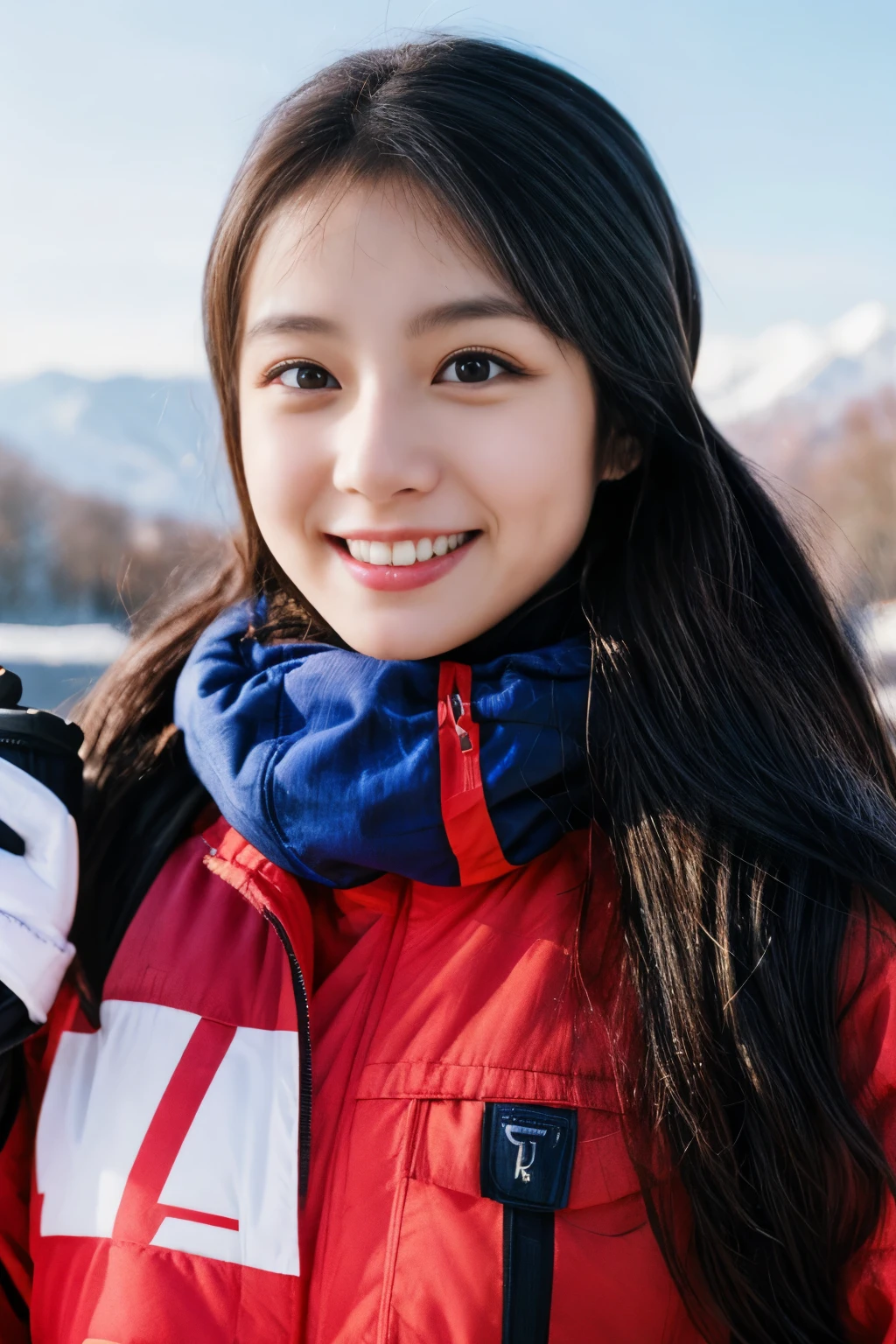masterpiece、4k、highest quality、beautiful korean woman、Detailed description、1 girl、23 years old、(ski wear)、(to ski:1.1)、(movie, Ilford HP5, 80mm)、 Depth of the bounds written、cowboy shot、smile