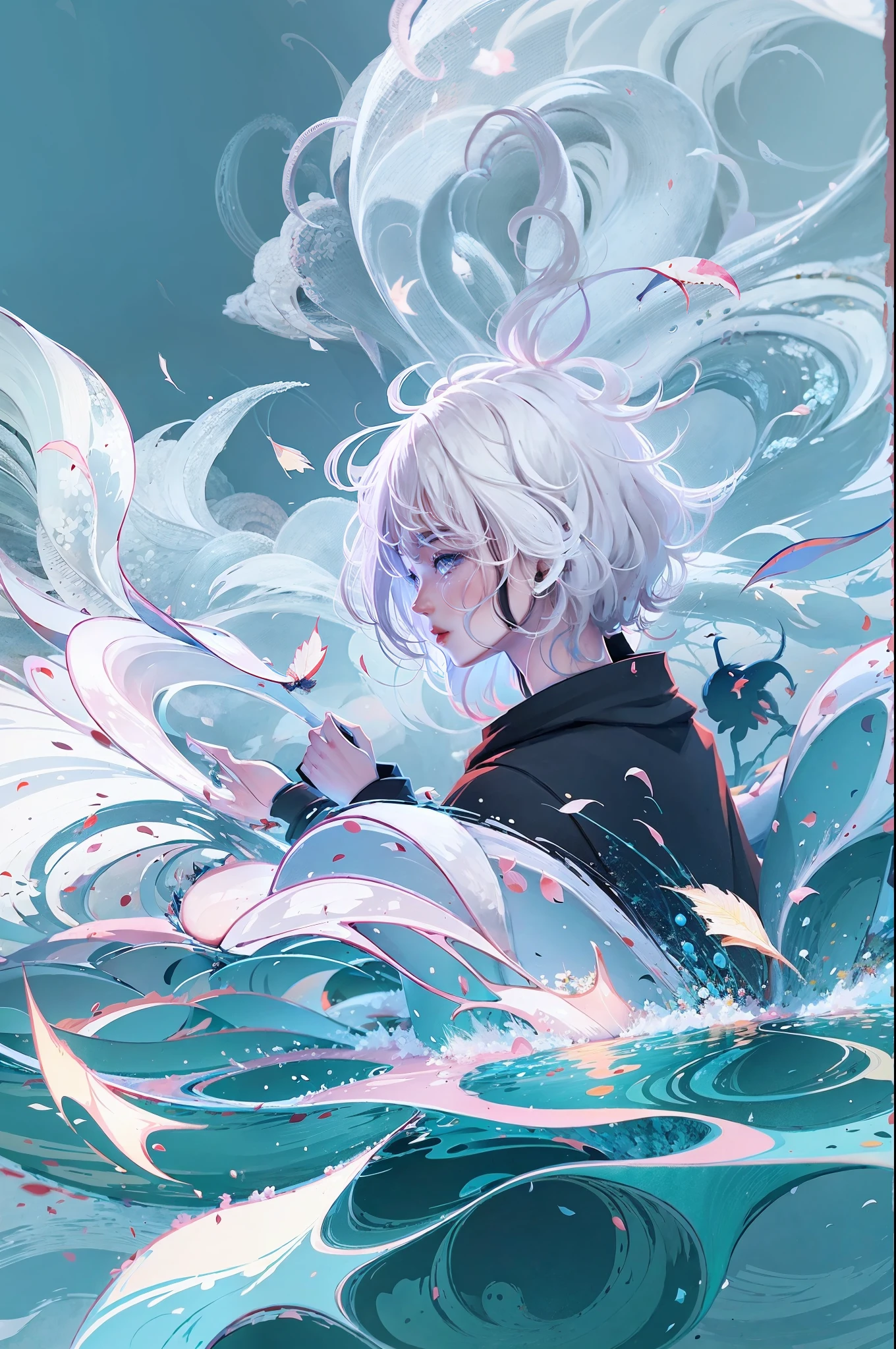 White-haired men floating on the water，minimalist，large areas of blue，animation art style，palette bright，，dark white and light sky blue，Senqi，Precision
