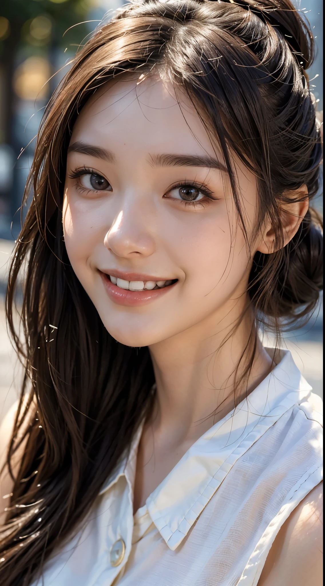 cute 22 year old,1 girl,Slim face Tokyo Street,, cityscape,Warm sunshine, ((face close up:1.5)),((smile showing white teeth)),((dark brown long hair chignon))close, 8k, RAW photo, highest quality, masterpiece,realistic, photo-realistic,