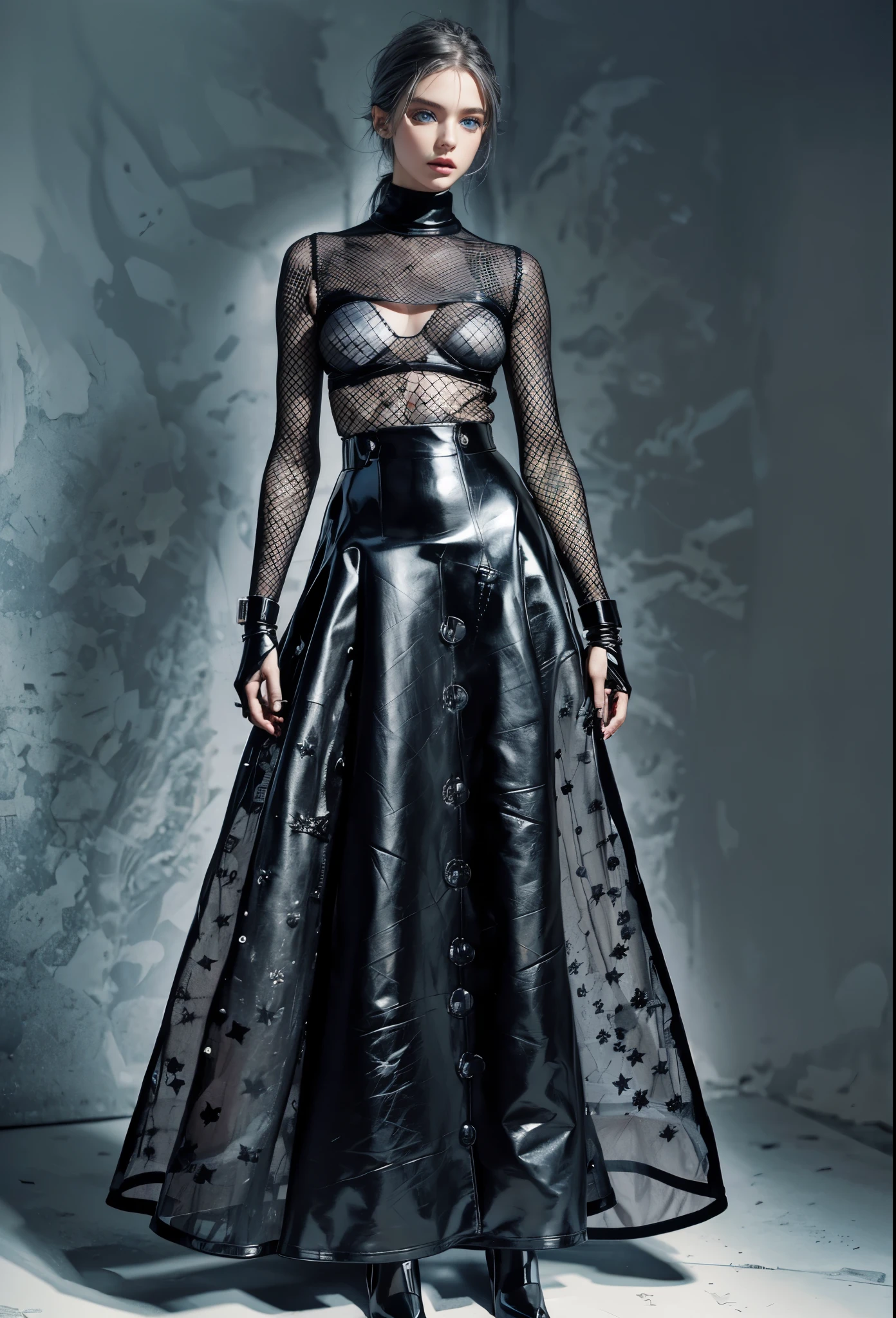 fashion brand collection, highly detailed, beautiful, masterpiece, best quality, Geometric art, abstract beauty, perfect and beautiful model, cute, all body shot, standing and posing, latex, Glossy, Liquid, rubber, BREAK (turtleneck:1.2), (black theme:1.2), (black maximum A-line skirt:1.2), (patchwork of fish net and leather:1.2), complex triangular silhouette, triangular hanging cloth skirt, complicated hanging cloth skirt, large cloth that hides the legs, Complex layered skirt, (gray hair, blue eyes:1.4),
