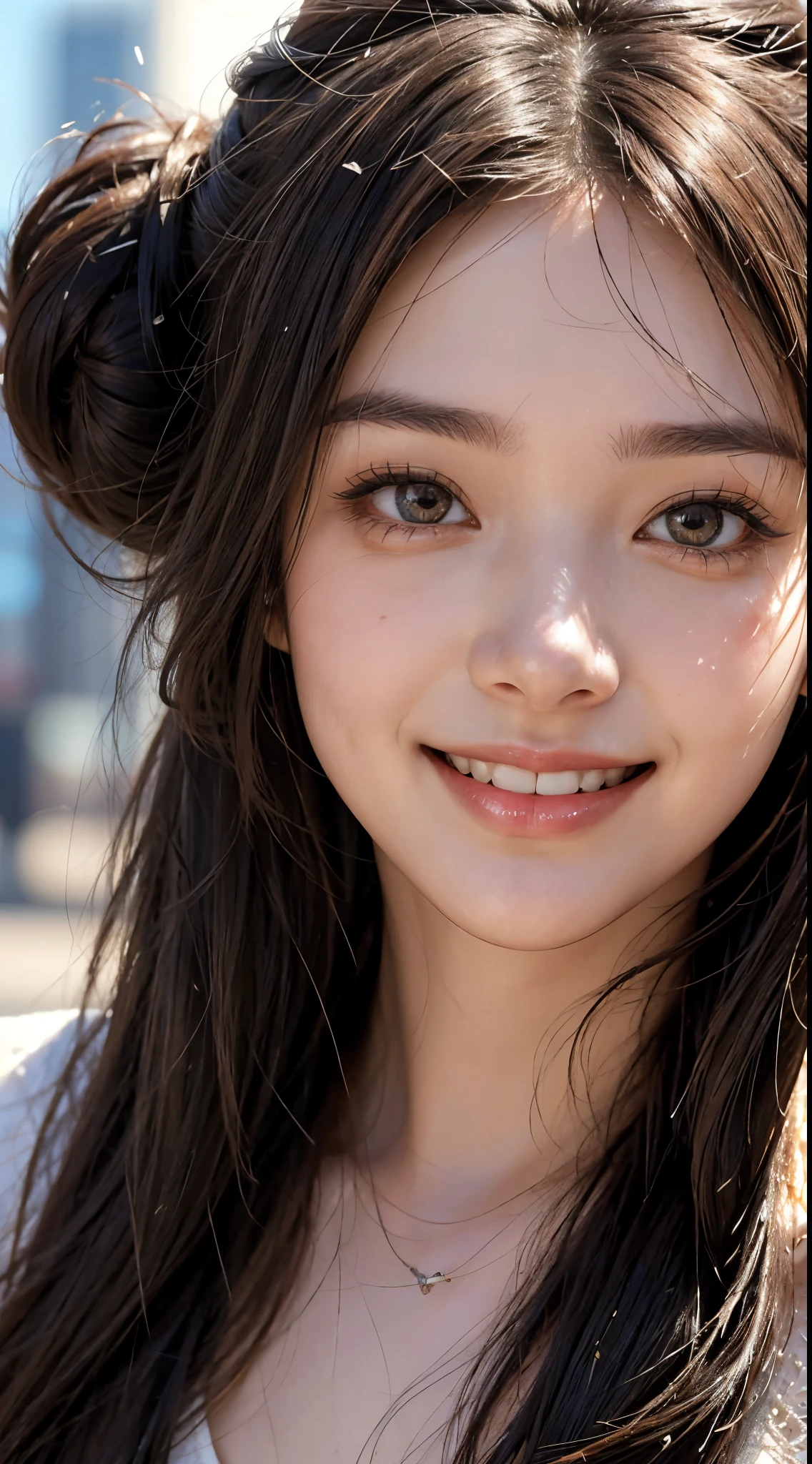 cute 22 year old,1 girl,Slim face Tokyo Street,, cityscape,Warm sunshine, ((face close up:1.5)),((smile showing white teeth)),((dark brown long hair chignon))close, 8k, RAW photo, highest quality, masterpiece,realistic, photo-realistic,