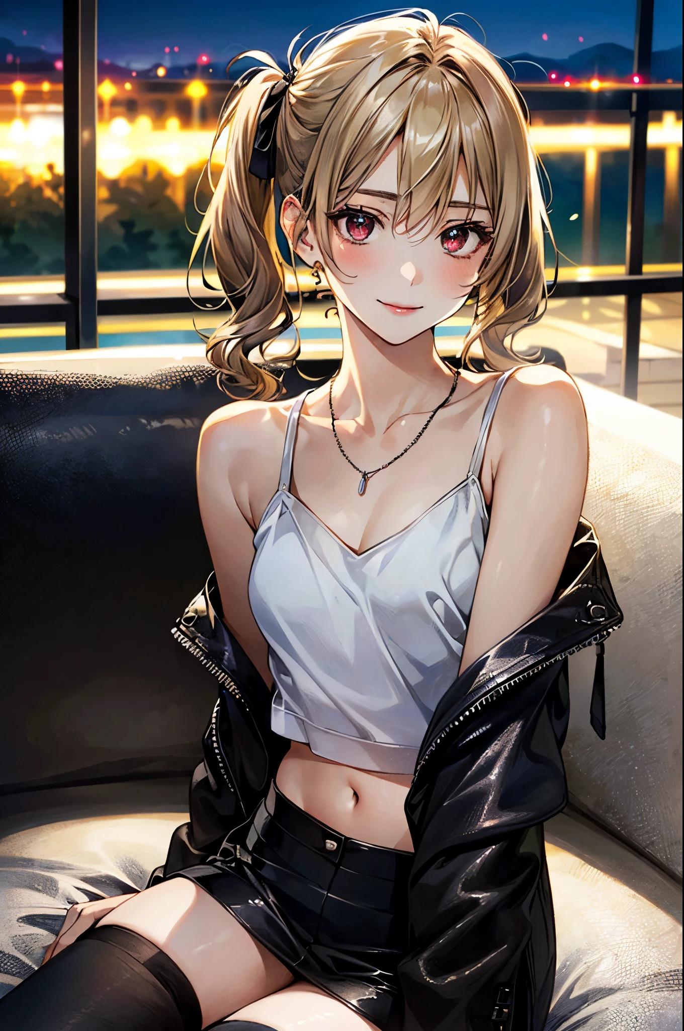 最好质量、One Girl、a blond、twintails、Inner curl:1.3、Red eyes、a small face、a smile、Pink blush color under the eyes:1.7、Opening Mouth、White clothes、Large black ribbon、Navel:1.6、Black jacket made of leather、Black miniskirt、Black tights:1.5、big tit:1.5、beauty legs、Host Clubs、Sit on a leather sofa、Angle from diagonally above、No people、Background blur