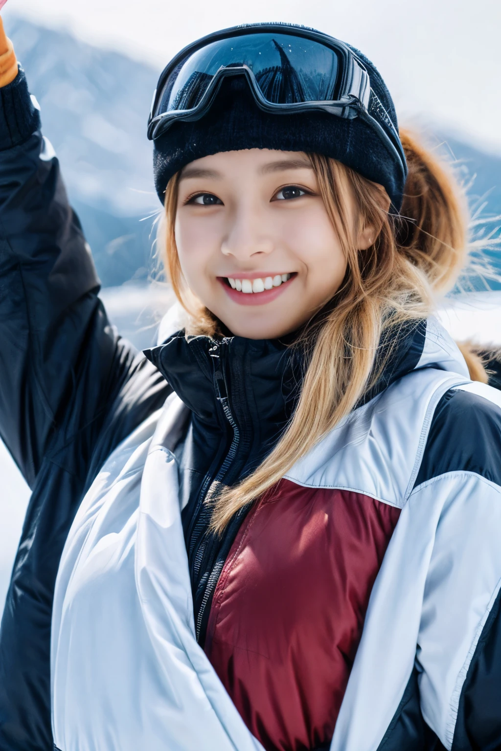 masterpiece、4k、highest quality、beautiful korean woman、Detailed description、1 girl、23 years old、(ski wear)、(to ski:1.1)、(movie, Ilford HP5, 80mm)、 Depth of the bounds written、cowboy shot、smile