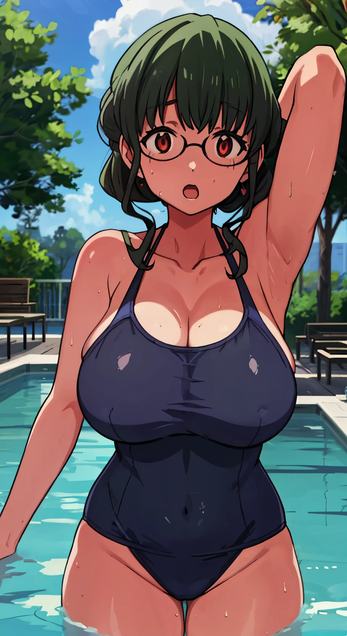 (perfect body),highest quality,(8K portrait),(anime screen cap)、(nsfw)、Sweat,((big breasts))、(black hair),(shortcut)、red eyes,(thick thighs),big ass、swollen nipples、(Navy Blue Competitive Swimsuit)、:o、adult woman、(((embarrassing)))、((Poolside))、(obesity)、((hands behind head))、((both armpits))、glasses、thick waist、Poolsideに座る