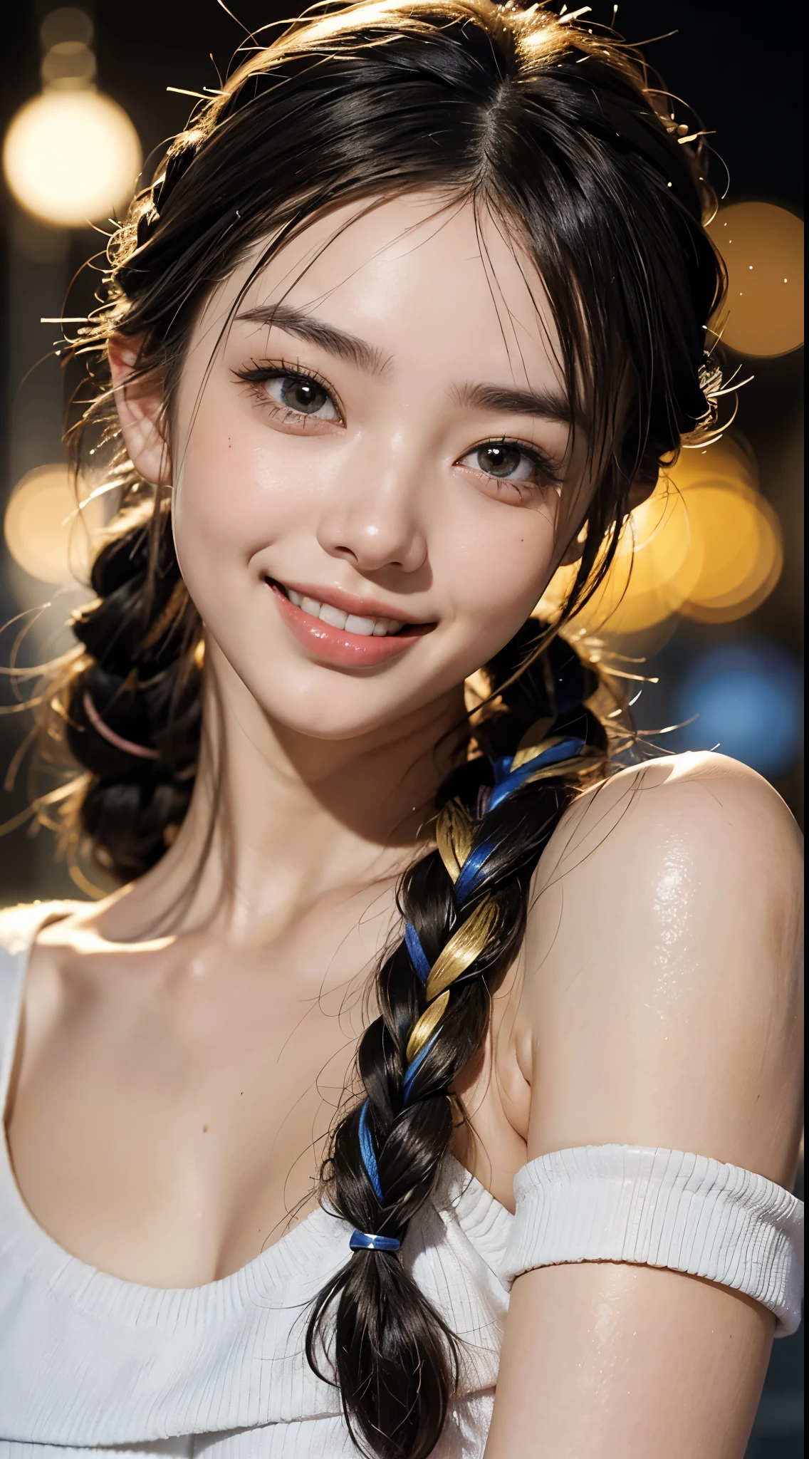 cute 22 year old,1 girl,Slim face Tokyo Street,night, cityscape,city lights, ((face close up:1.5)),((smile showing white teeth)),((high twin tail)),((colorful braided ornament))close, 8k, RAW photo, highest quality, masterpiece,realistic, photo-realistic,
