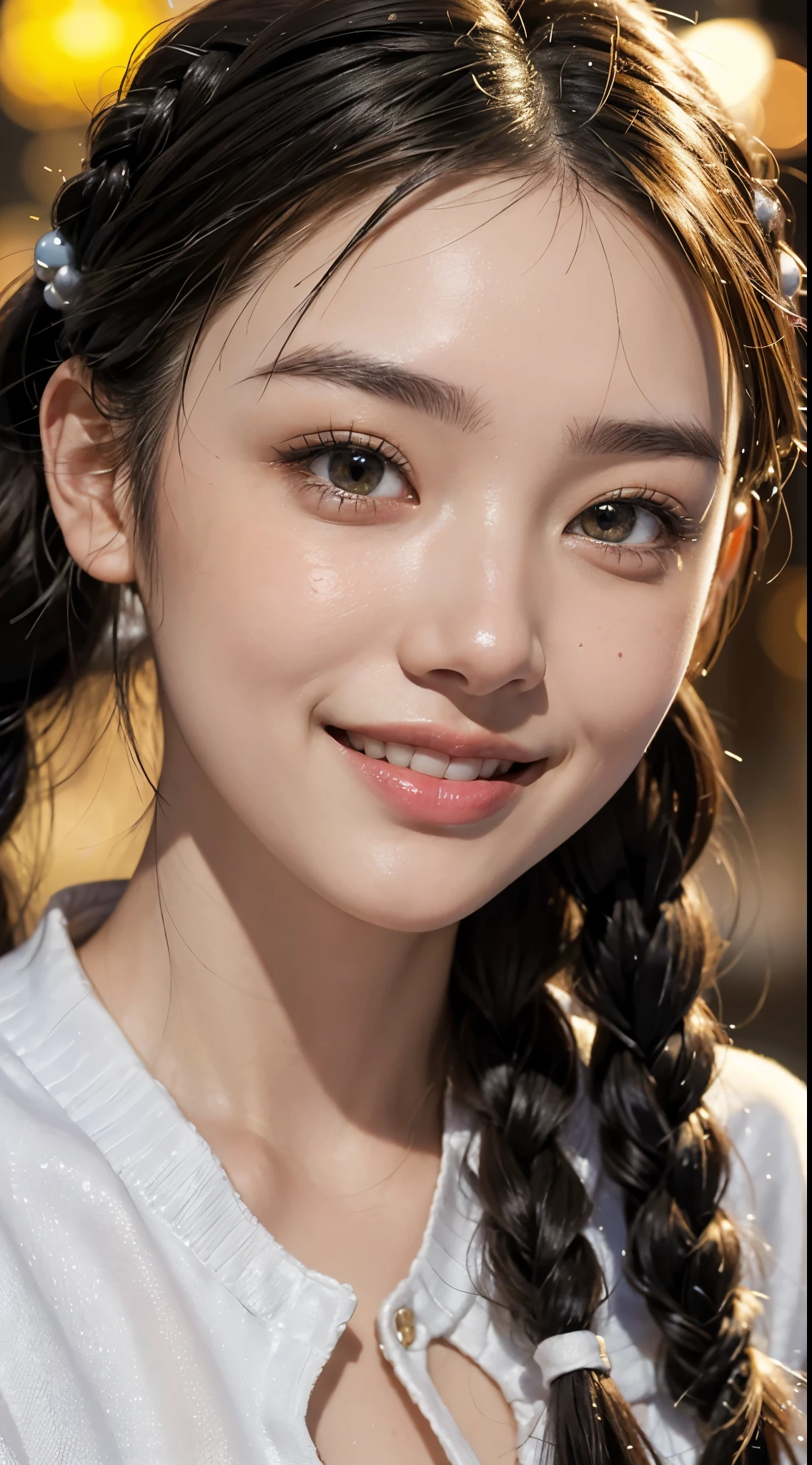 cute 22 year old,1 girl,Slim face Tokyo Street,night, cityscape,city lights, ((face close up:1.5)),((smile showing white teeth)),((high twin tail)),((colorful braided ornament))close, 8k, RAW photo, highest quality, masterpiece,realistic, photo-realistic,