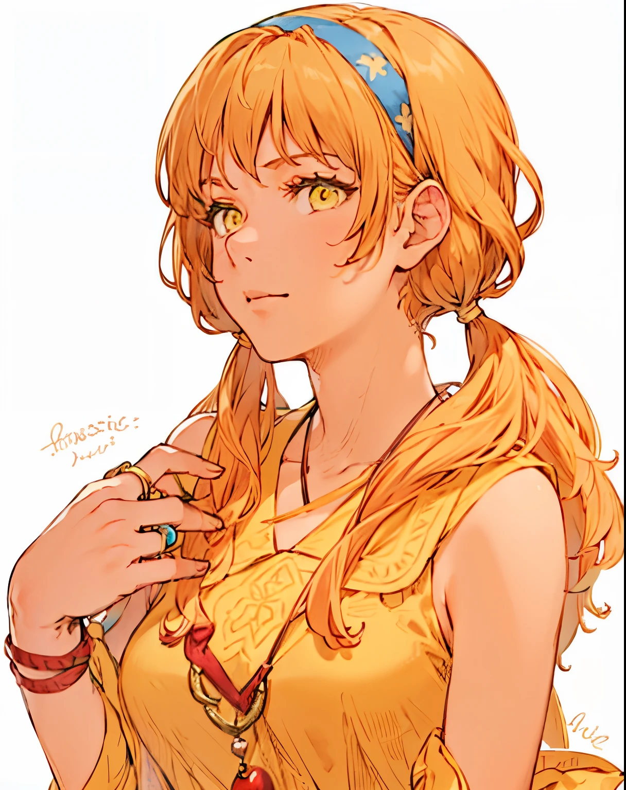 kuroimori, 1girl, yellow eyes, ((masterpiece)), low pigtails, ring, blue headband 