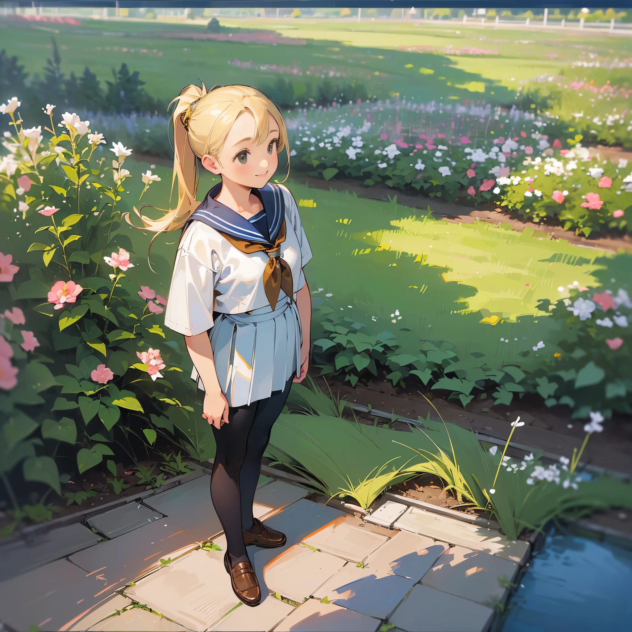 (highest quality,High resolution,super detailed,realistic:1.37),peaceful atmosphere,(outdoors,garden),teenage girl standing alone,beautiful detailed features,cute smile,(blonde ponytail),navy sailor suit,pleated skirt,black tights,brown leather shoes.