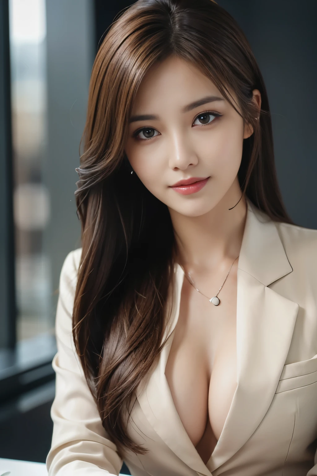 table top, highest quality, realistic, Super detailed, finely, High resolution, 8k wallpaper, 1 beautiful woman,, light brown messy hair, wearing a business suit, sharp focus, perfect dynamic composition, beautiful and detailed eyes, thin hair, Detailed realistic skin texture, smile, close-up portrait, model body shape
