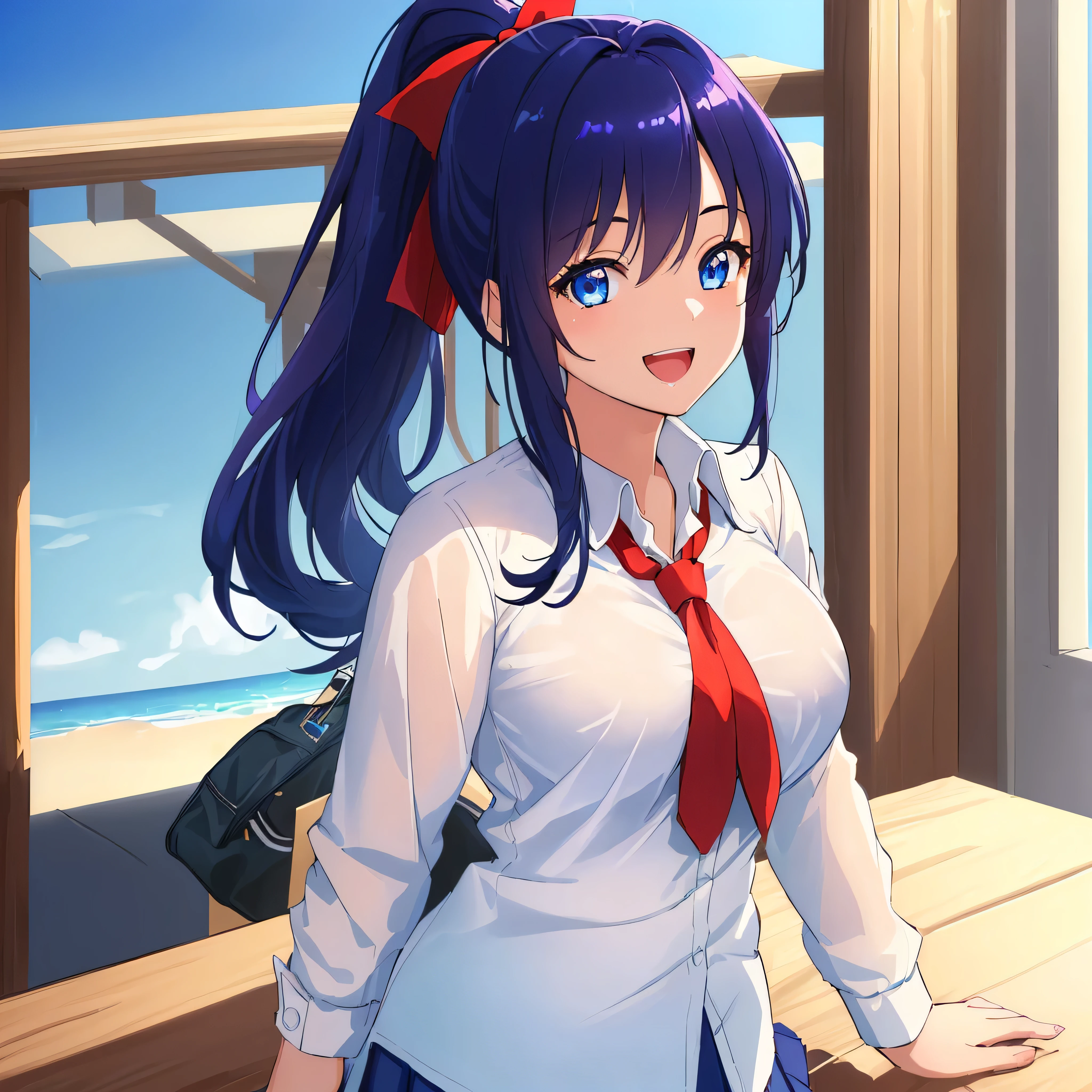 (masterpiece, 最high quality, high quality, super detailed, ultra high resolution, 8k), alone, 1 girl, JK, close up of her face, high school student, dark blue hair, ponytail, blue eyes, round eyes, super detailed eyes, open your mouth, smile, medium chest, beautiful breasts, beautiful curves, school uniform, red tie, white shirt