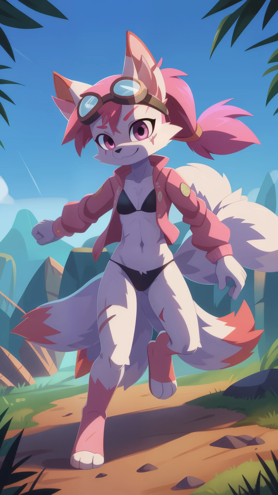 Kimiko Five-Tails, furry female anthro, fox girl, white body fur, pink hair, ((goggles, pink jacket, open clothes, black bikini)), small breasts, detailed body fur, detailed body, detailed face, detailed eyes, glistering body, shiny body, skinny, :3, multiple tails, multi tail, solo, body fur, (best quality), clear sky, cinematic lighting, looking at viewer, anime style, short ponytail, scar on the eye, 2D, full body, feets with three toes, frontal, action pose, fight, on a destroyed battlefield in the middle of nowhere, in a dirt crater, hands glowing with blue aura,