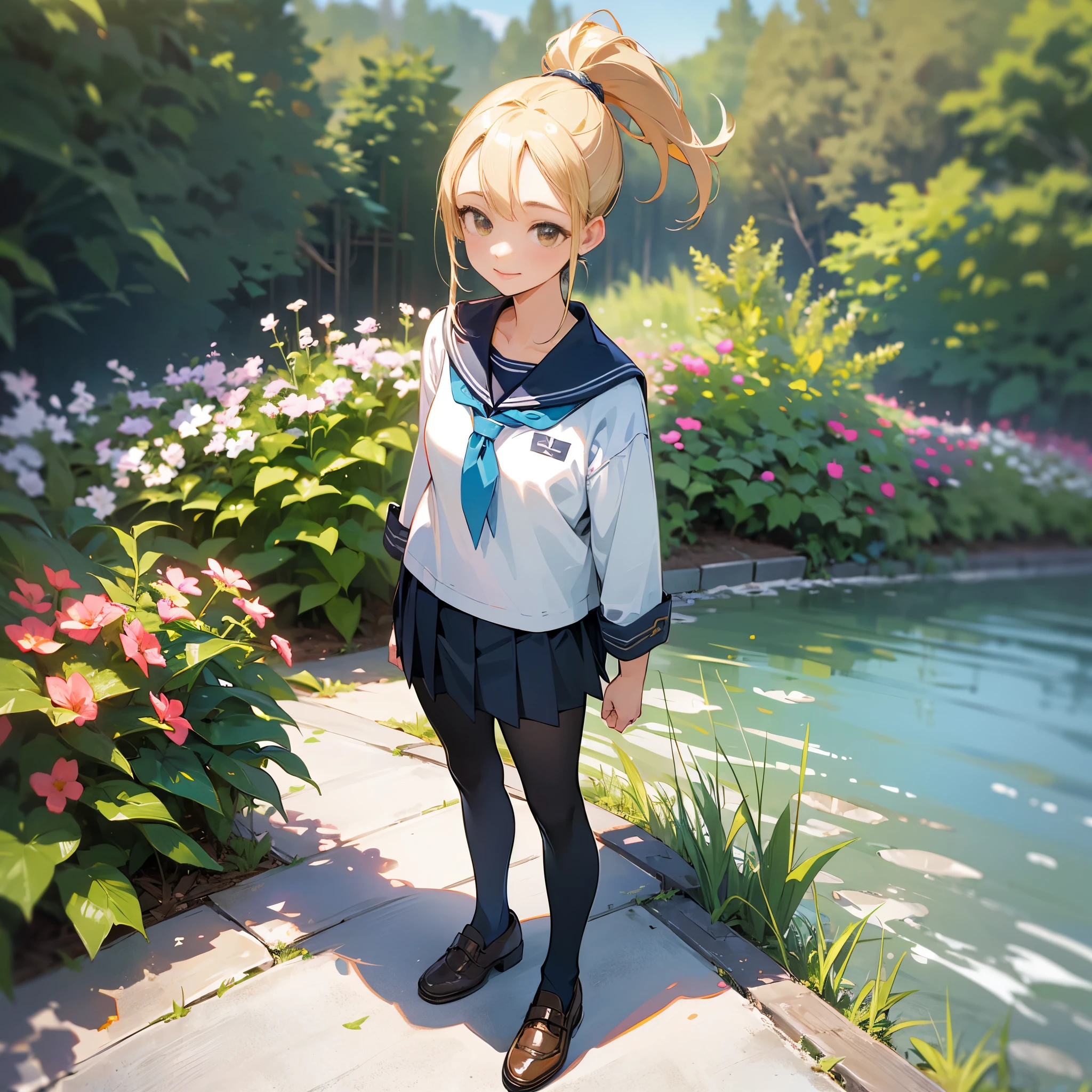 (highest quality,High resolution,super detailed,realistic:1.37),peaceful atmosphere,(outdoors,garden),age girl standing alone,beautiful detailed features,cute smile,(blonde ponytail),navy sailor suit,pleated skirt,black tights,brown leather shoes.