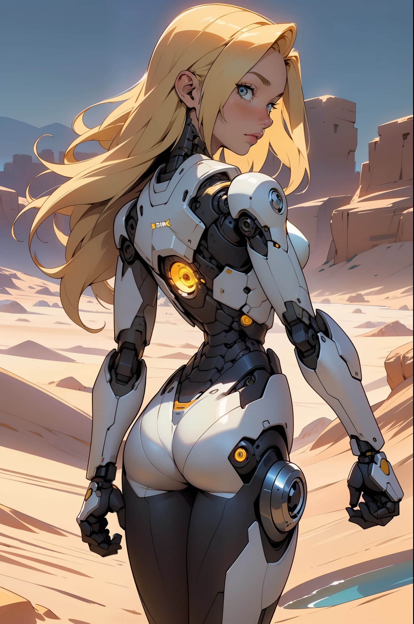 high quality, 4k, masterpiece, beautiful, cyborg girl, cowboy shot, dull eyes, back side, turning around to look at viewer, long blonde hair, girl, small breasts, fit thigh, robotic arms, robotic body, cyborg body, yellow accent, red accent, intricate detail, joint, detailed lines, robotic detail, holding fist up, holding hand up as fist, color robotic parts, robotic parts with color, perfect fingers, on a desert planet, sunny background, colorful desert, a river or a lake in the background