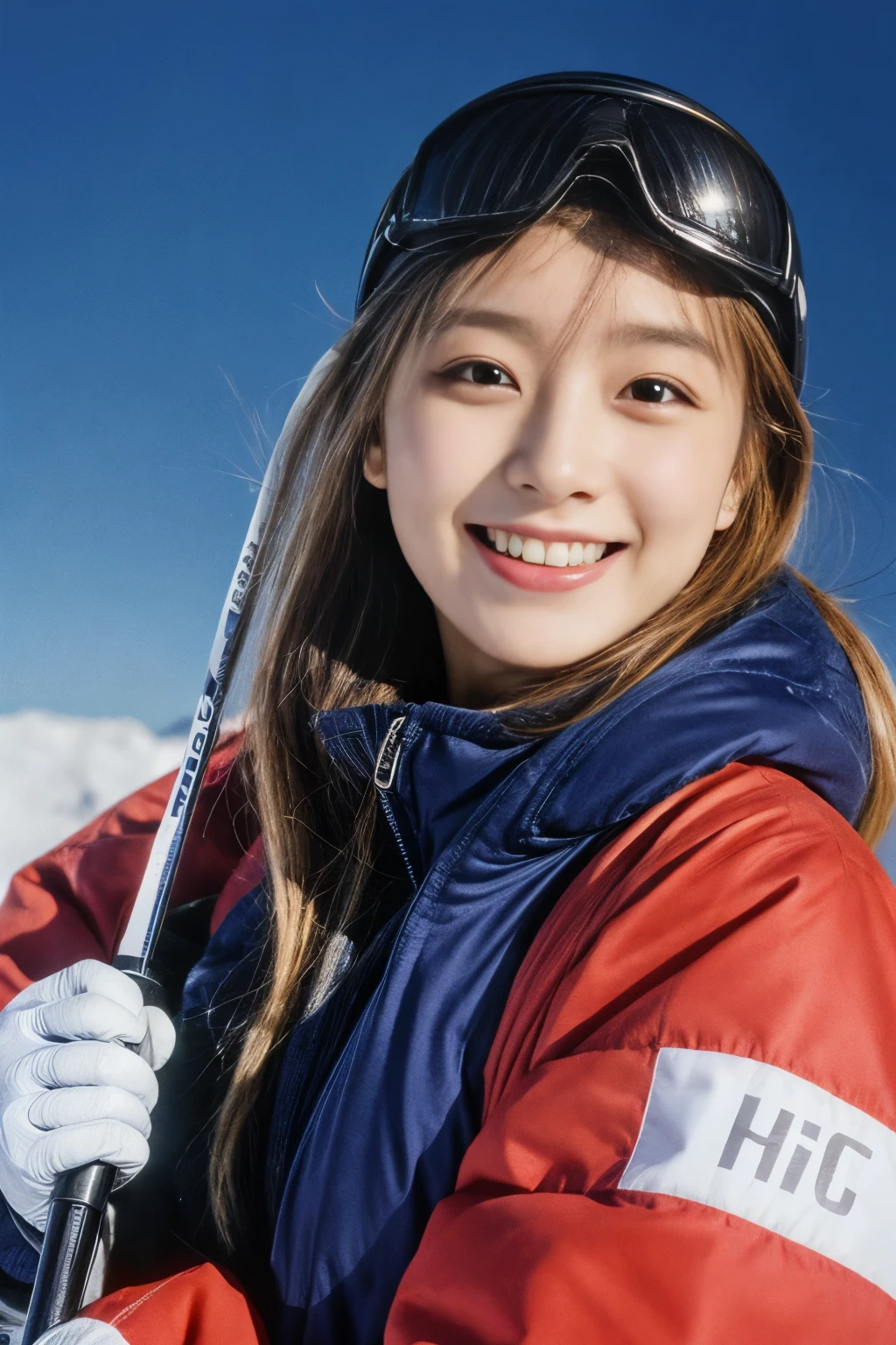 masterpiece、4k、highest quality、beautiful korean woman、Detailed description、1 girl、23 years old、(ski wear)、(to ski:1.1)、(movie, Ilford HP5, 80mm)、 Depth of the bounds written、cowboy shot、smile