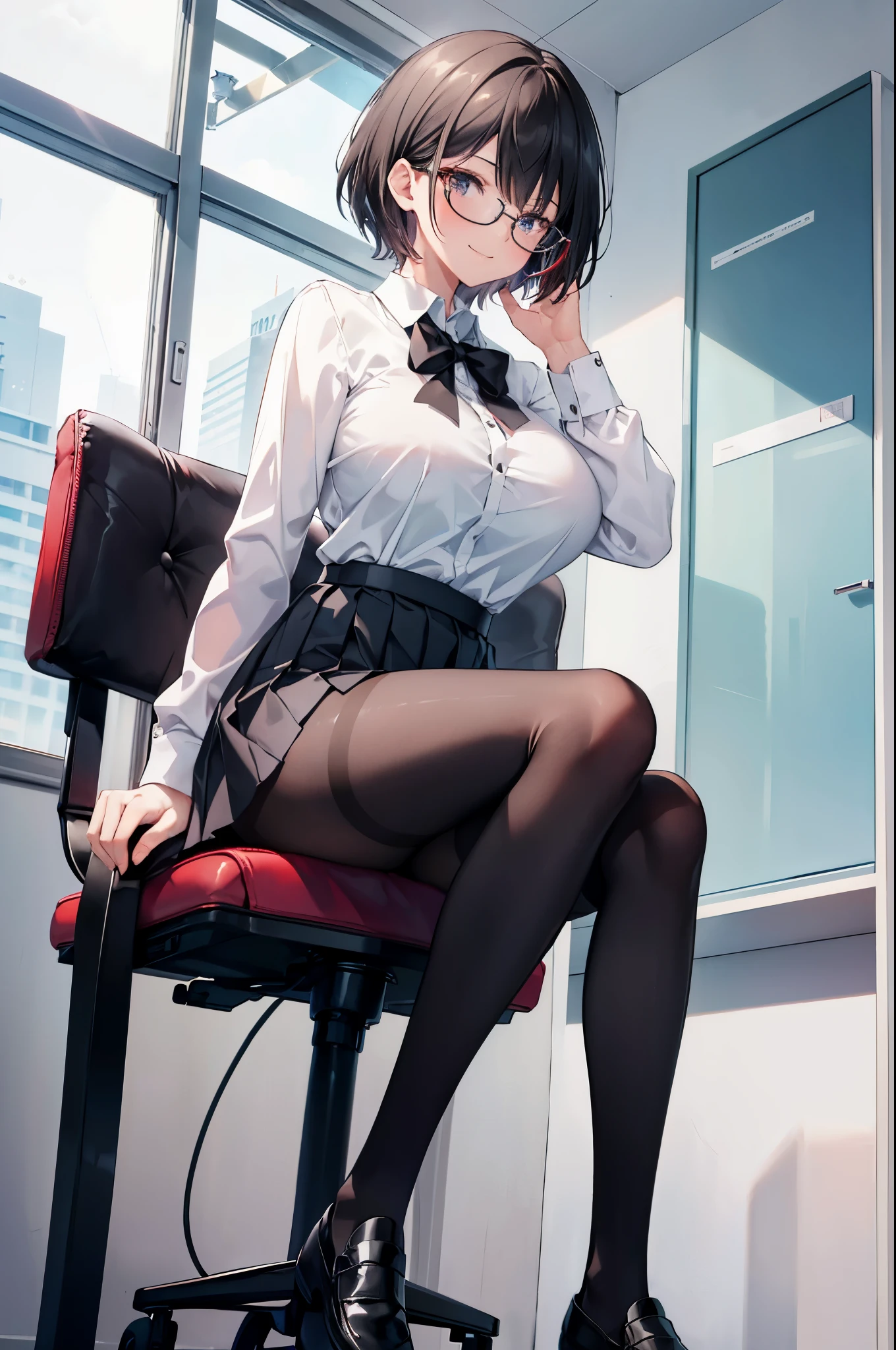 1 girl, glasses, (full body:1.2), sitting, (angle from below:1.1), (angle from the side:1.1), smile, (slim body:1.2), (huge breasts:1.3), (slender and long legs:1.1), black hair, short hair, white long sleeve shirt, pleated skirt, (black tights:1.1), black loafers,