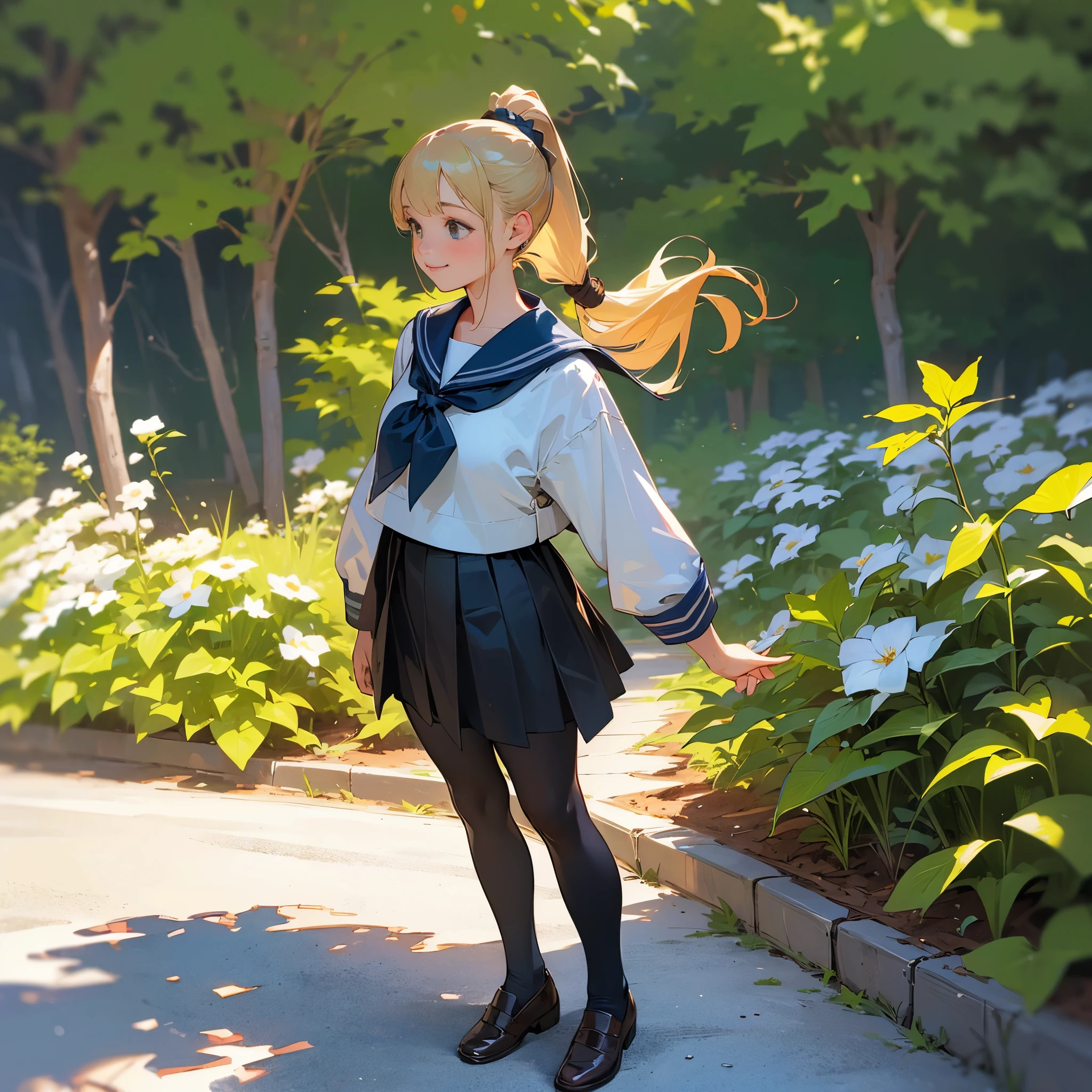 (highest quality,High resolution,super detailed,realistic:1.37),peaceful atmosphere,(outdoors,garden),teenage girl standing alone,beautiful detailed features,cute smile,(blonde ponytail),navy sailor suit,pleated skirt,black tights,brown leather shoes.