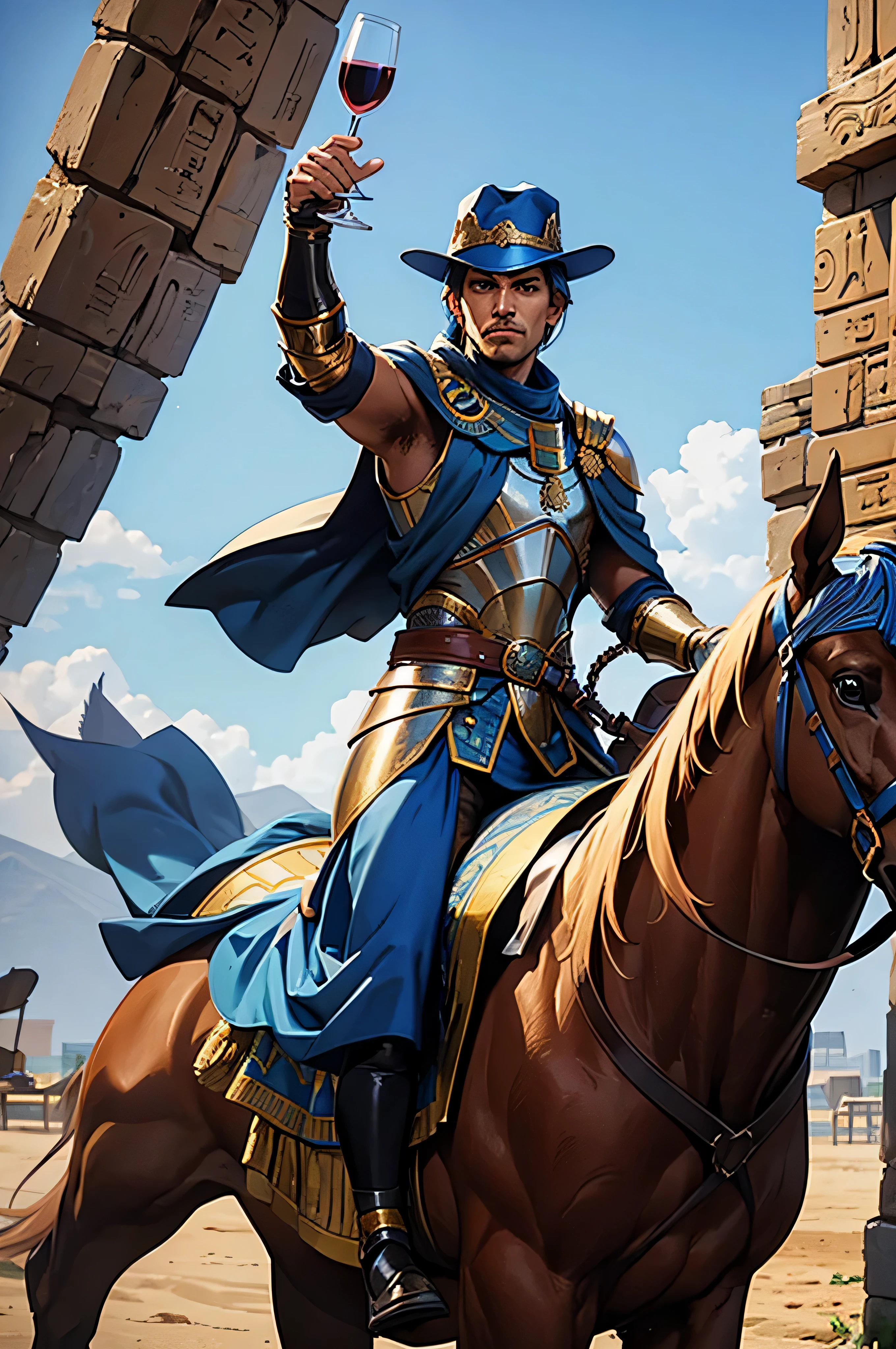 man's face, Egyptian Knight, Wear a blue hat., ride a horse, Hold a wine glass, Raise your hand