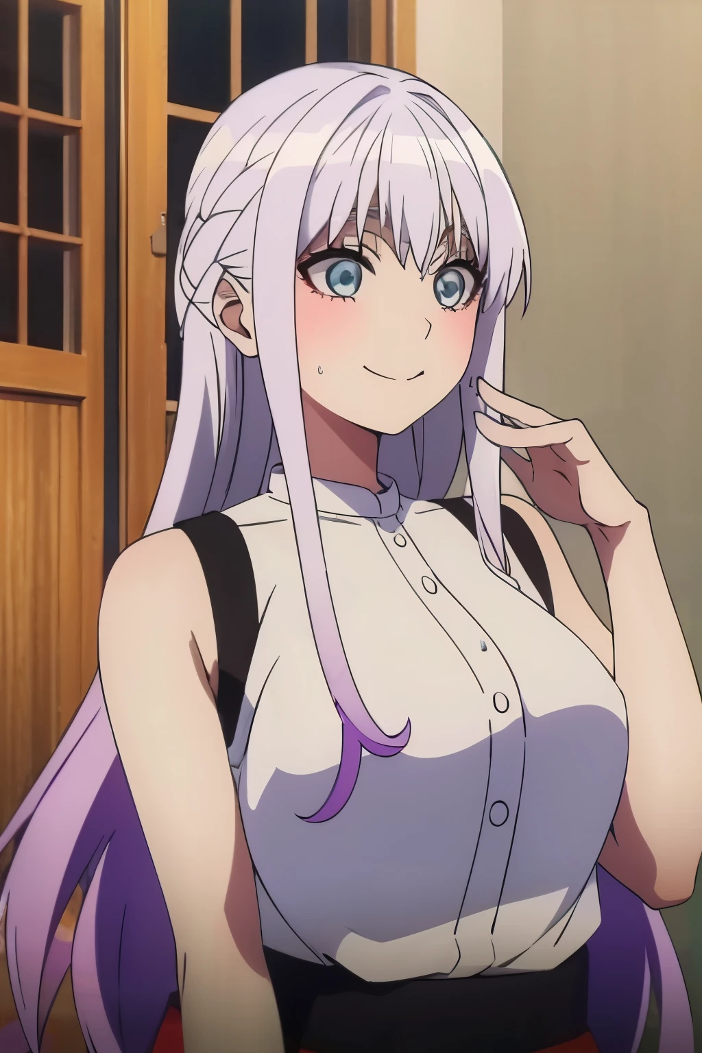 the anime character with long white-purple-silver hair, has a big smile, 1girl, solo, smile, gradient hair, long hair, outdoors, multicolored hair,large breasts, sleeveless, looking at viewer, blue eyes.