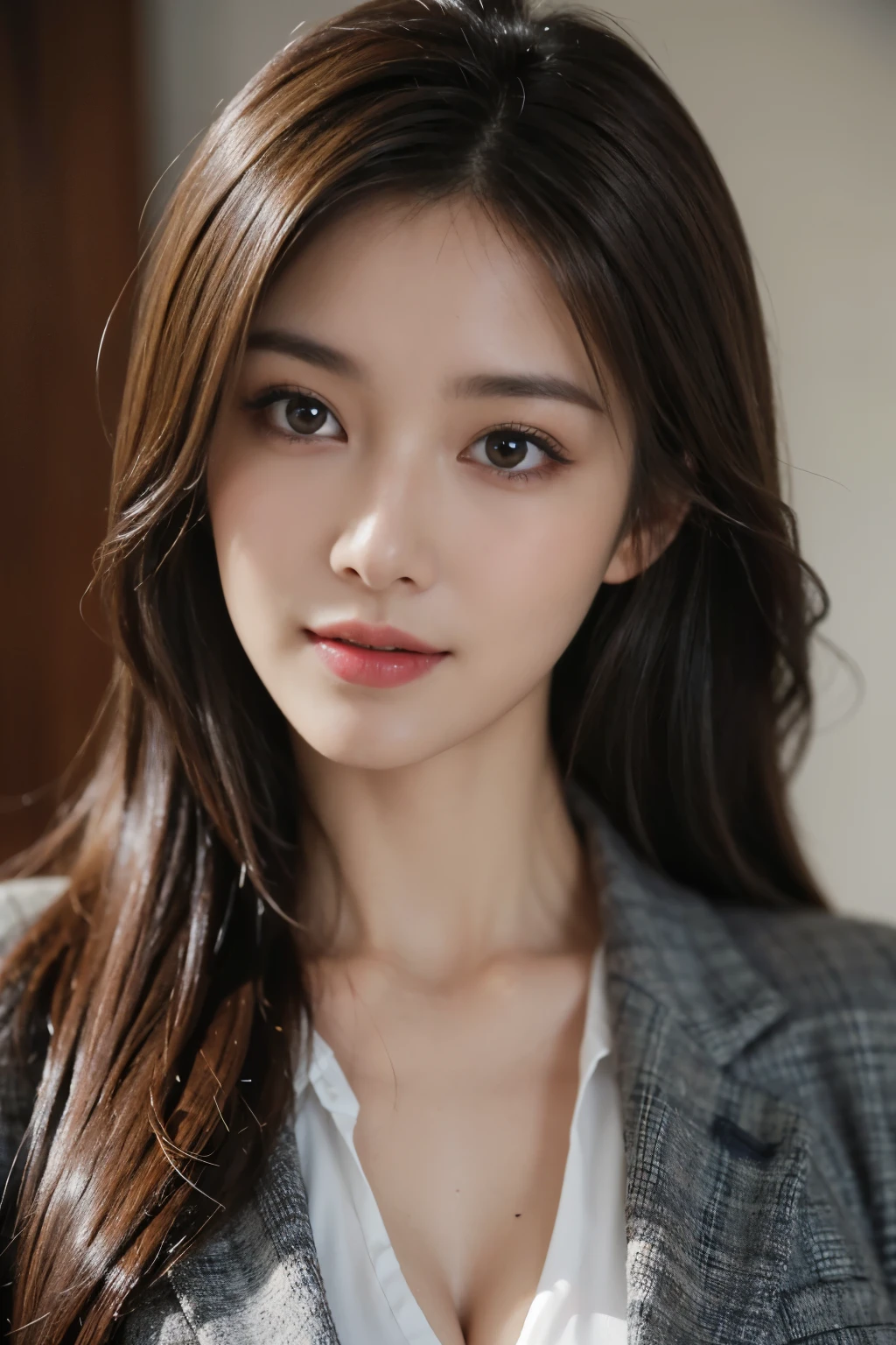 table top, highest quality, realistic, Super detailed, finely, High resolution, 8k wallpaper, 1 beautiful woman,, light brown messy hair, wearing a business suit, sharp focus, perfect dynamic composition, beautiful and detailed eyes, thin hair, Detailed realistic skin texture, smile, close-up portrait, model body shape
