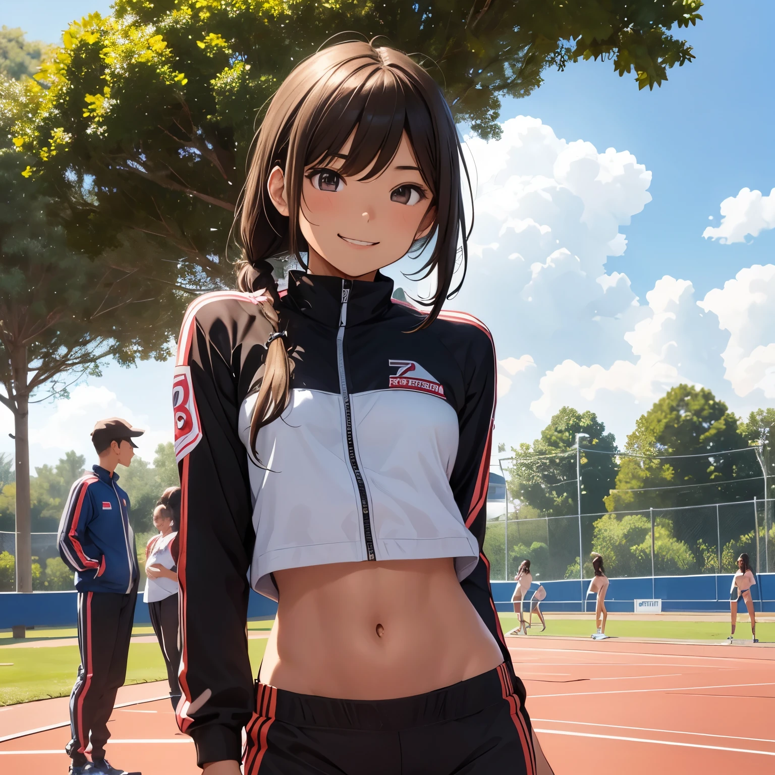 18-year-old、girl、brown、slender、slightly muscular、A cup、Navel exposed、track and field uniform、smile、、round face