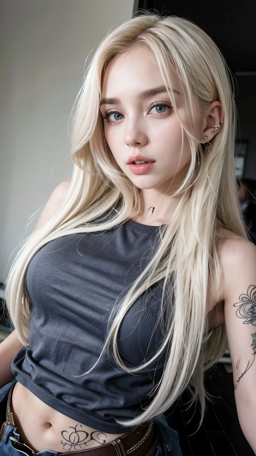 mulher loira com cabelos longos e piercings posando para uma foto, com cabelos longos brancos, com longos cabelos brancos, garota de cabelos brancos perfeita, ava max, tifa lockhart com cabelo branco, pale porcelain white skin, garota de anime na vida real,  com cabelo branco, cabelo loiro extremamente claro, cabelo loiro muito claro, com longos cabelos loiros, her hair is white