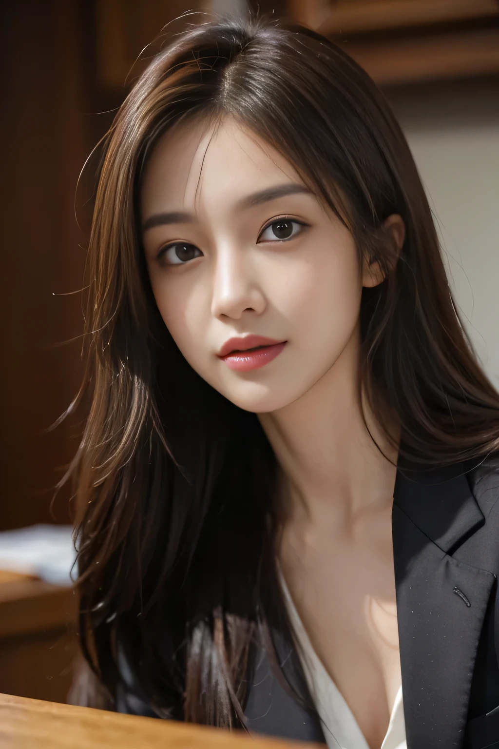 table top, highest quality, realistic, Super detailed, finely, High resolution, 8k wallpaper, 1 beautiful woman,, light brown messy hair, wearing a business suit, sharp focus, perfect dynamic composition, beautiful and detailed eyes, thin hair, Detailed realistic skin texture, smile, close-up portrait, model body shape
