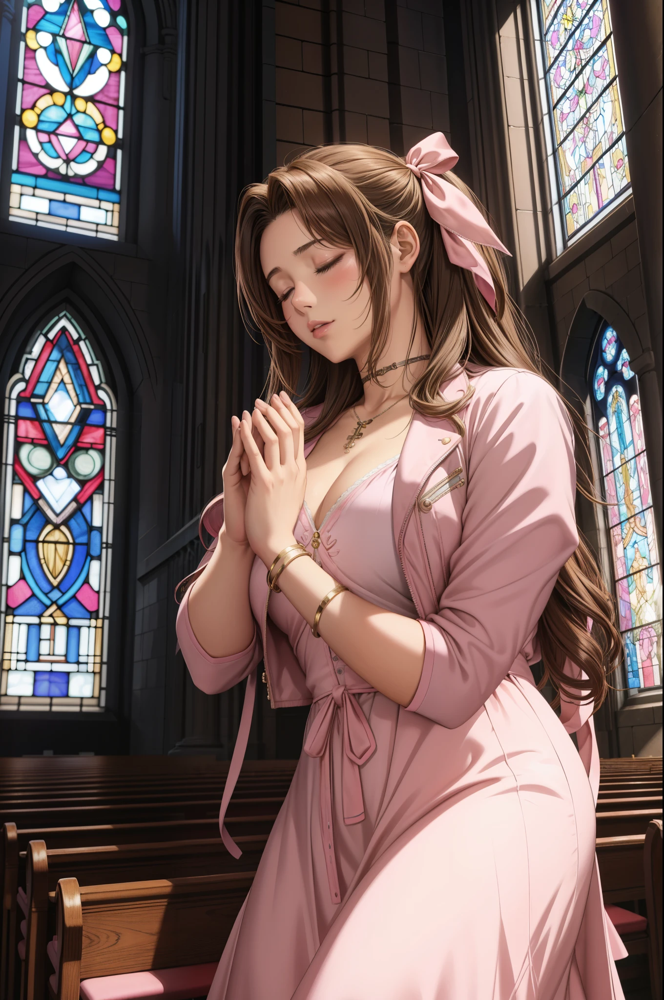 masterpiece, highest quality, Aerith Gainsbourg, choker, cropped jacket, hair ribbon, bracelet, pink dress, looking at the viewer, leaning forward, with closed eyes, closed mouth, With hands folded in a prayer pose、Inside the church, Inside the chapel, stained glass window, The composition is bathed in light from the ceiling.