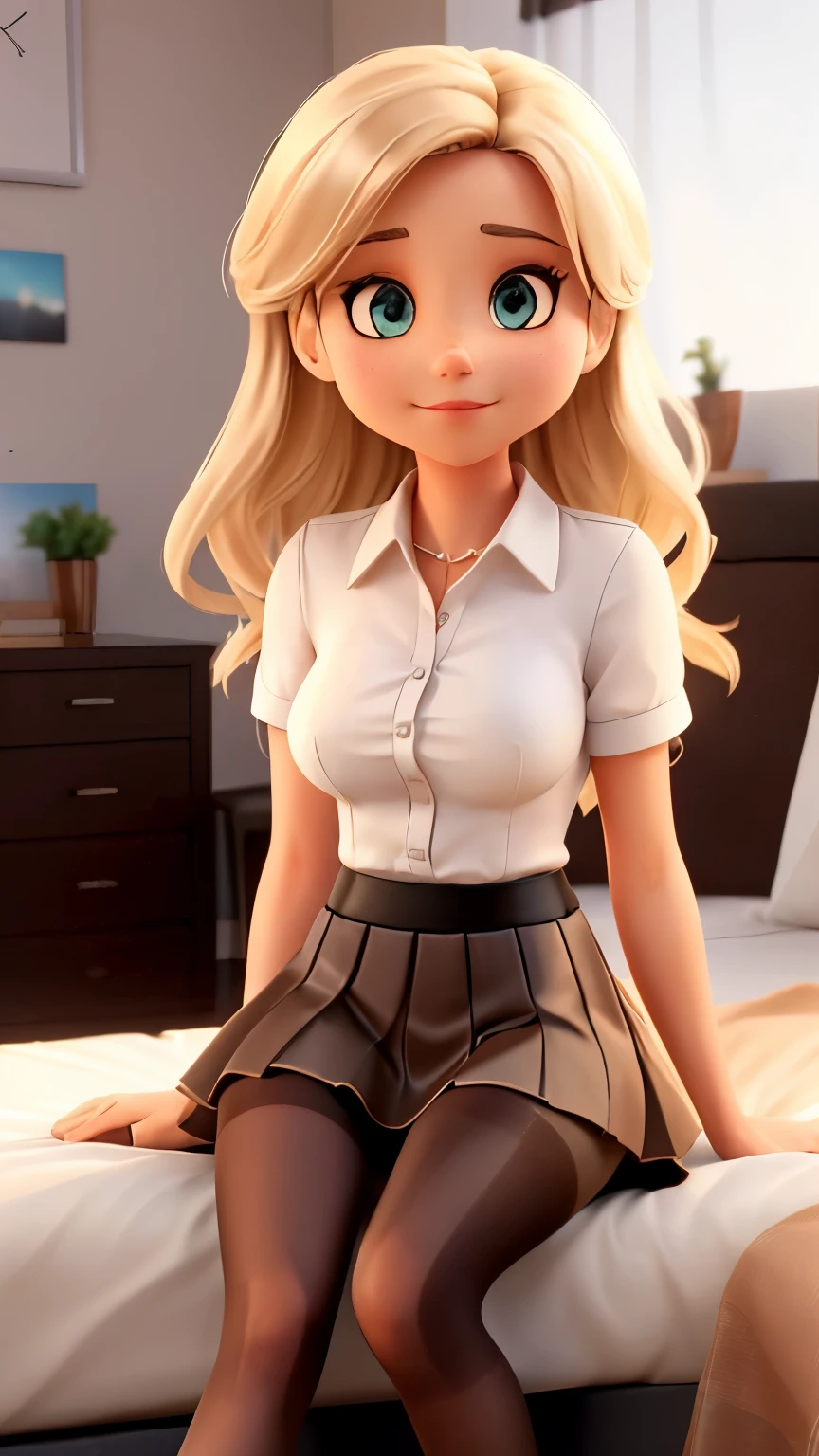 1 girl, sitting on a bed, (brown pantyhose legs:1.3), (black highheels:1.1), (black pleated skirt:1.2), platinum-blonde hair, emphasis on her legs and feet, (white bra:1.1), (huge breasts:1.2), (small hips:1.2), small butt, skinny, (thin:1.1), fit, athletic, short, perfect body, beautiful, cute, looking at the viewer, photorealistic, masterpiece, intricate details, HDR, 8k,