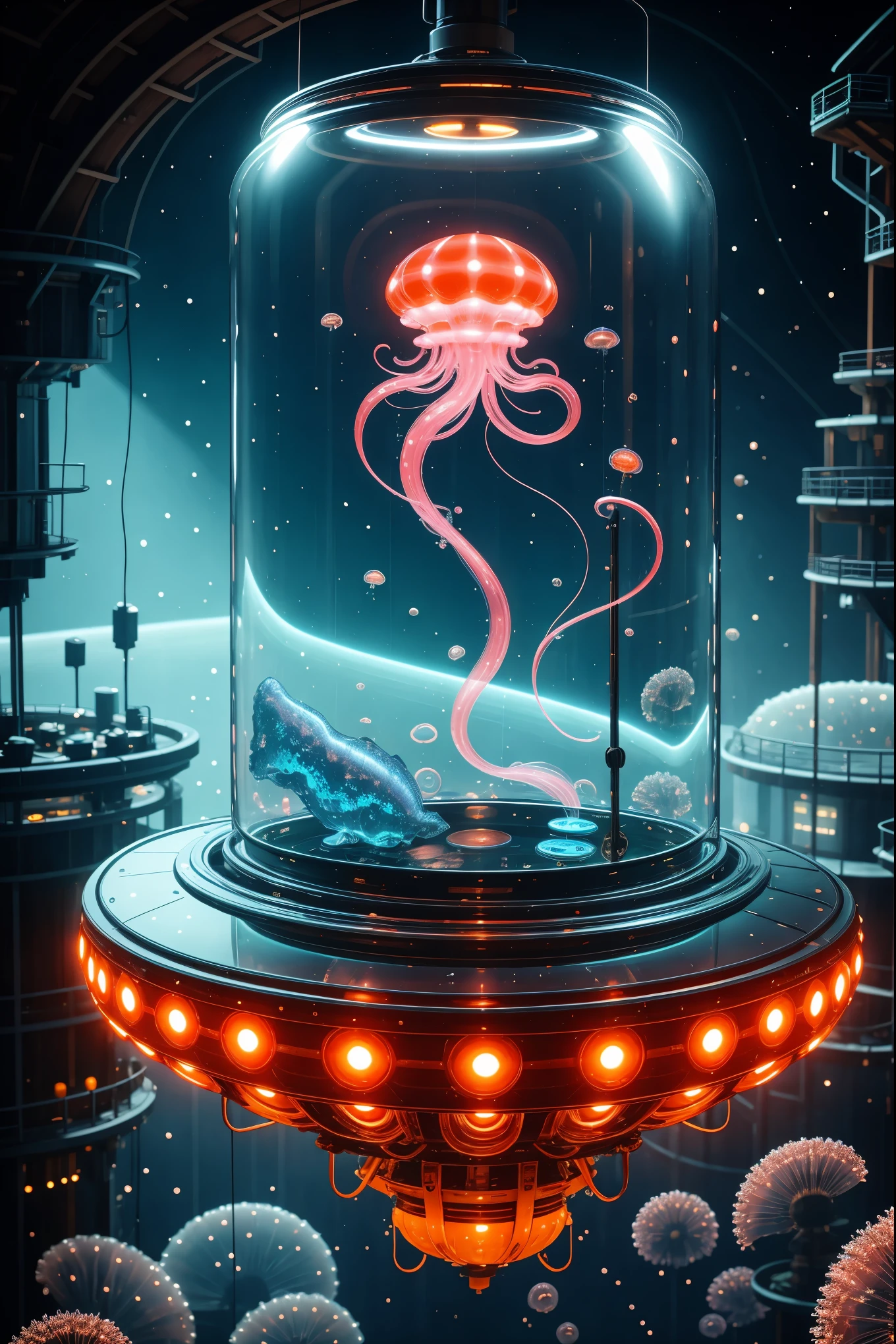 COMG3O,best quality,ultra-detailed,realistic,jellyfish,swimming underwater,glowing bioluminescence,fluid movement,transparent body,graceful tentacles,ethereal beauty,soft and gentle colors,subtle lighting,marine life exhibit,mesmerizing sight,abstract art